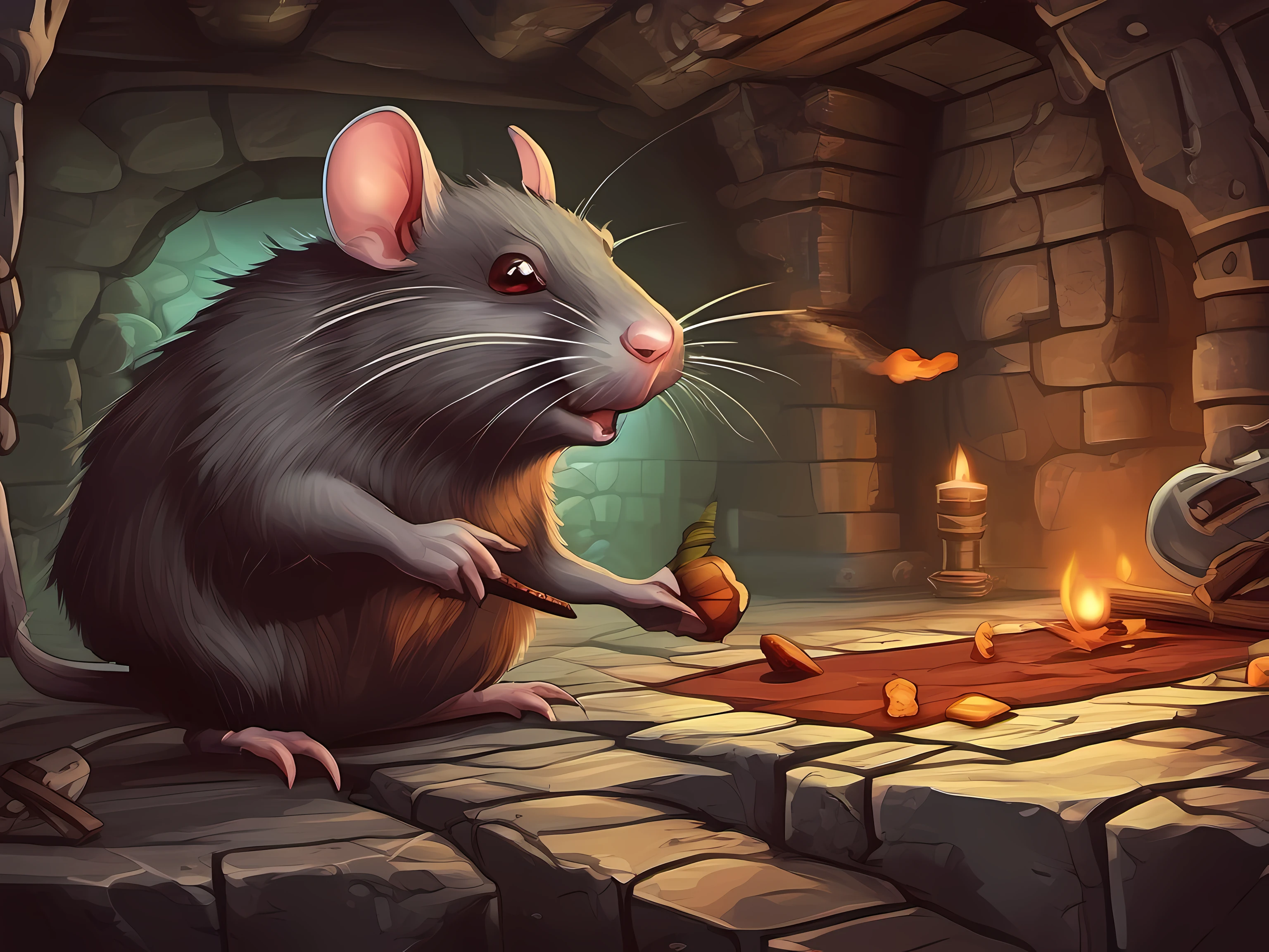 cartoon illustration of a rat enemy in a dungeon, fantasy rat enemy, fantasy rat enemy, fantasy art, mobile game art, stylized game art, 2d game art, 2 d game art, digital illustration, dungeon background, high detail, high quality, concept art, character design