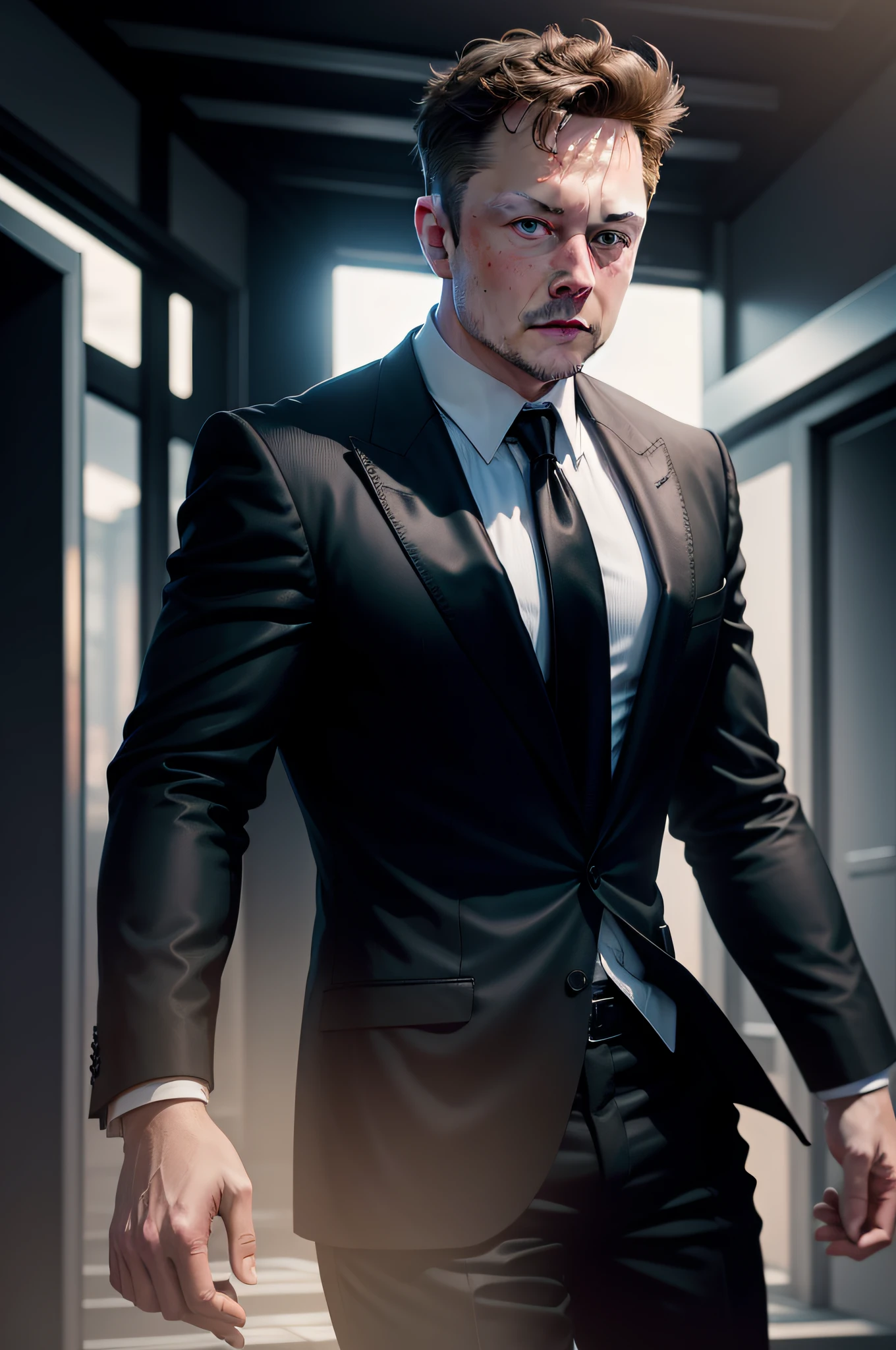 Elon Musk dressed in a black suit and black tie in an ultra-realistic 8K chase.