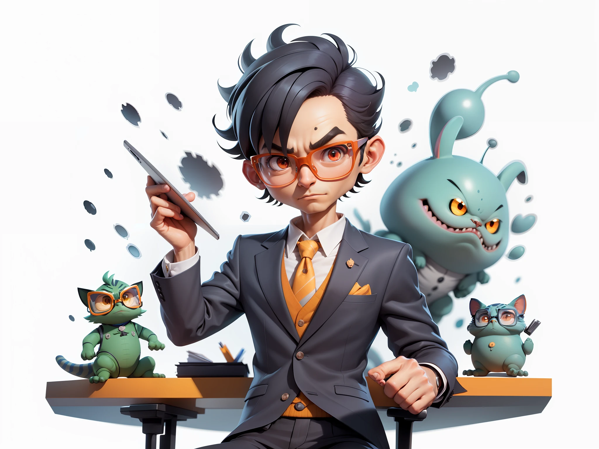 A young man in a suit, Short hair and glasses sat at his desk，holding laptop，digitial painting，tigre，3D character design by Mark Clairen and Pixar and Hayao Miyazaki and Akira Toriyama，4K HD illustration，Very detailed facial features and cartoon-style visuals。