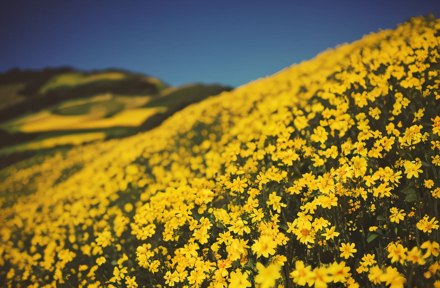 yellow flowers in a field with a blue sky in the background, an aesthetic field of flowers, background of flowery hill, field of flowers, flower field, fields of flowers, full of yellow flowers flowers, yellow flowers, in a field of flowers, field of flowers background, flowerfield, field of wild flowers, flower fields, flowers blooming, golden flowers