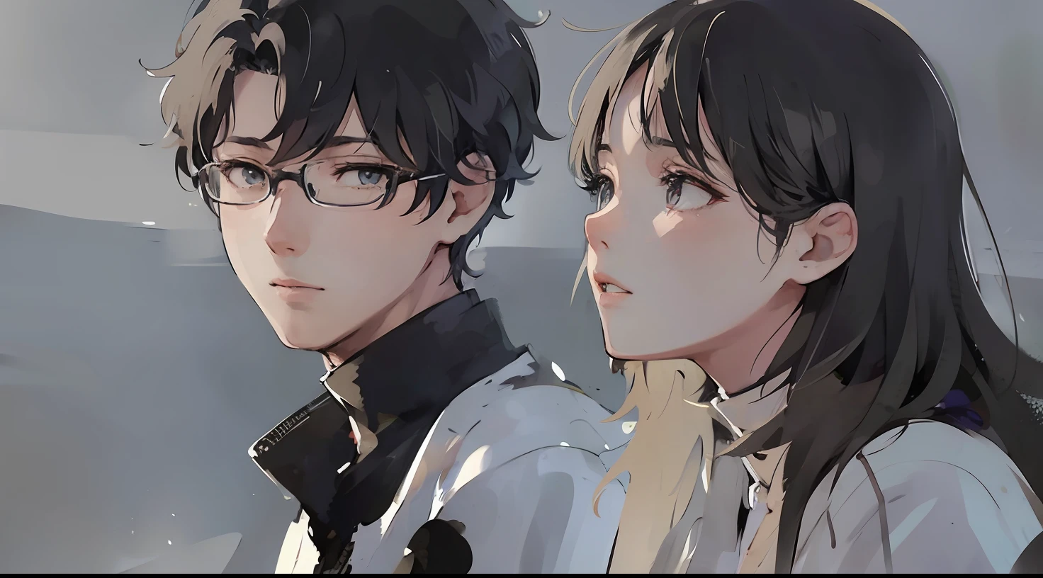 anime couple with short hair and black and white clothes looking at each other, trending on artstration, artwork in the style of guweiz, boy and girl, high quality fanart, manhwa, anime realism style, beautiful anime art style, 4 k manga wallpaper, in anime style, boy and girl are the focus, beautiful drawing style, beautiful anime portrait, girl with short hair, boy with curly hair and has rectangular eye glass, girl no glasses, girl no wear glasses, girl short hair, short hair girl