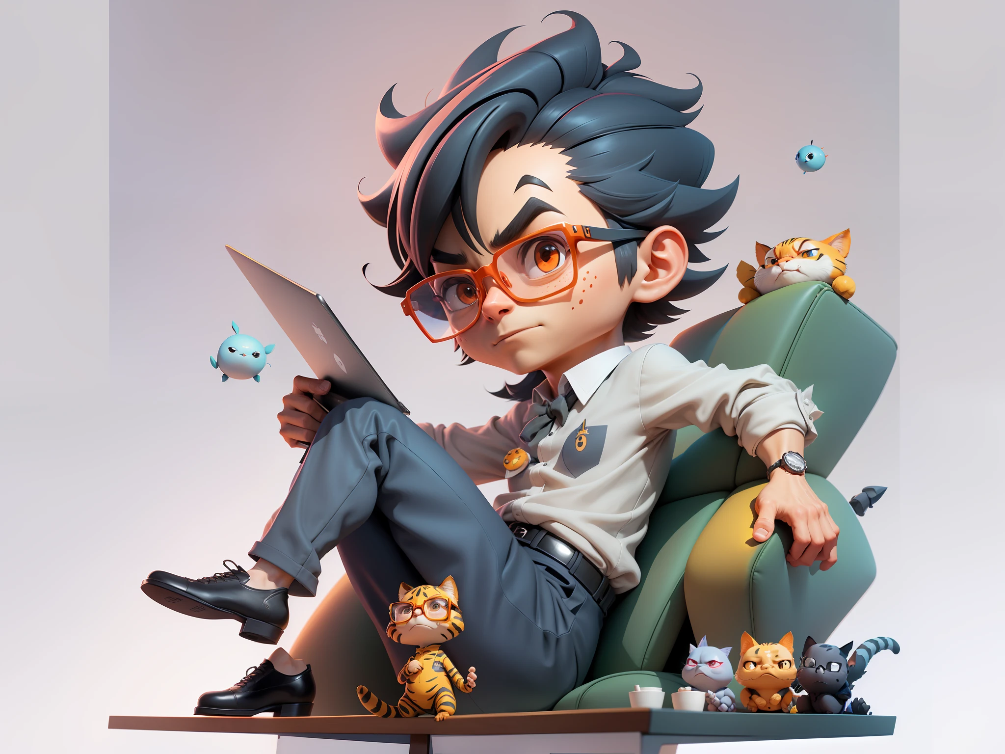 A young man in a suit, Short hair and glasses sat at his desk,holding laptop,digitial painting,tigre,3D character design by Mark Clairen and Pixar and Hayao Miyazaki and Akira Toriyama,4K HD illustration,Very detailed facial features and cartoon-style visuals。