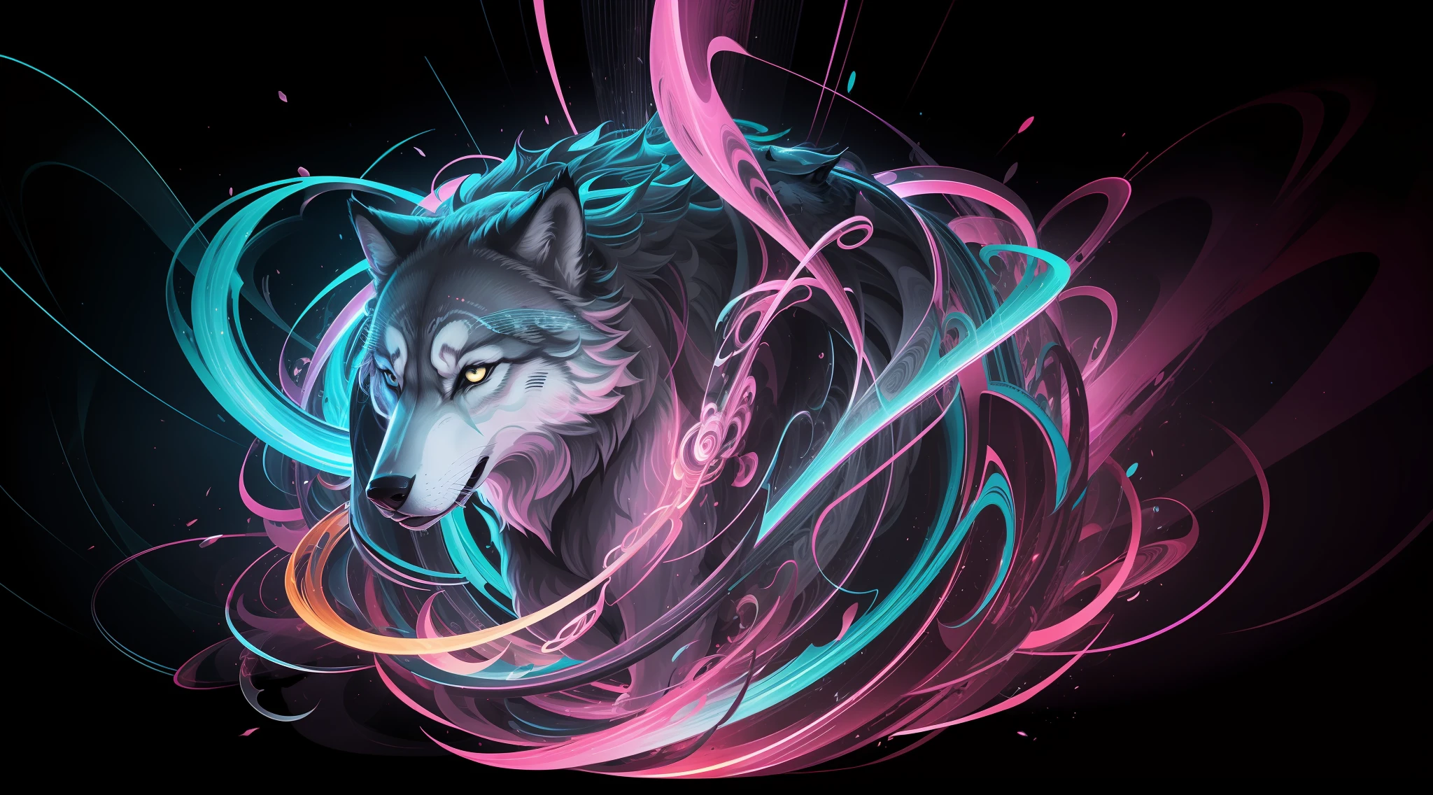wan-wan-wo, swirling vortexes, a gray wolf, grace, dignified, integrity, holiness, brave heart, neon gradation lighting, professional art work, ultra quality, associate graphic illustration,