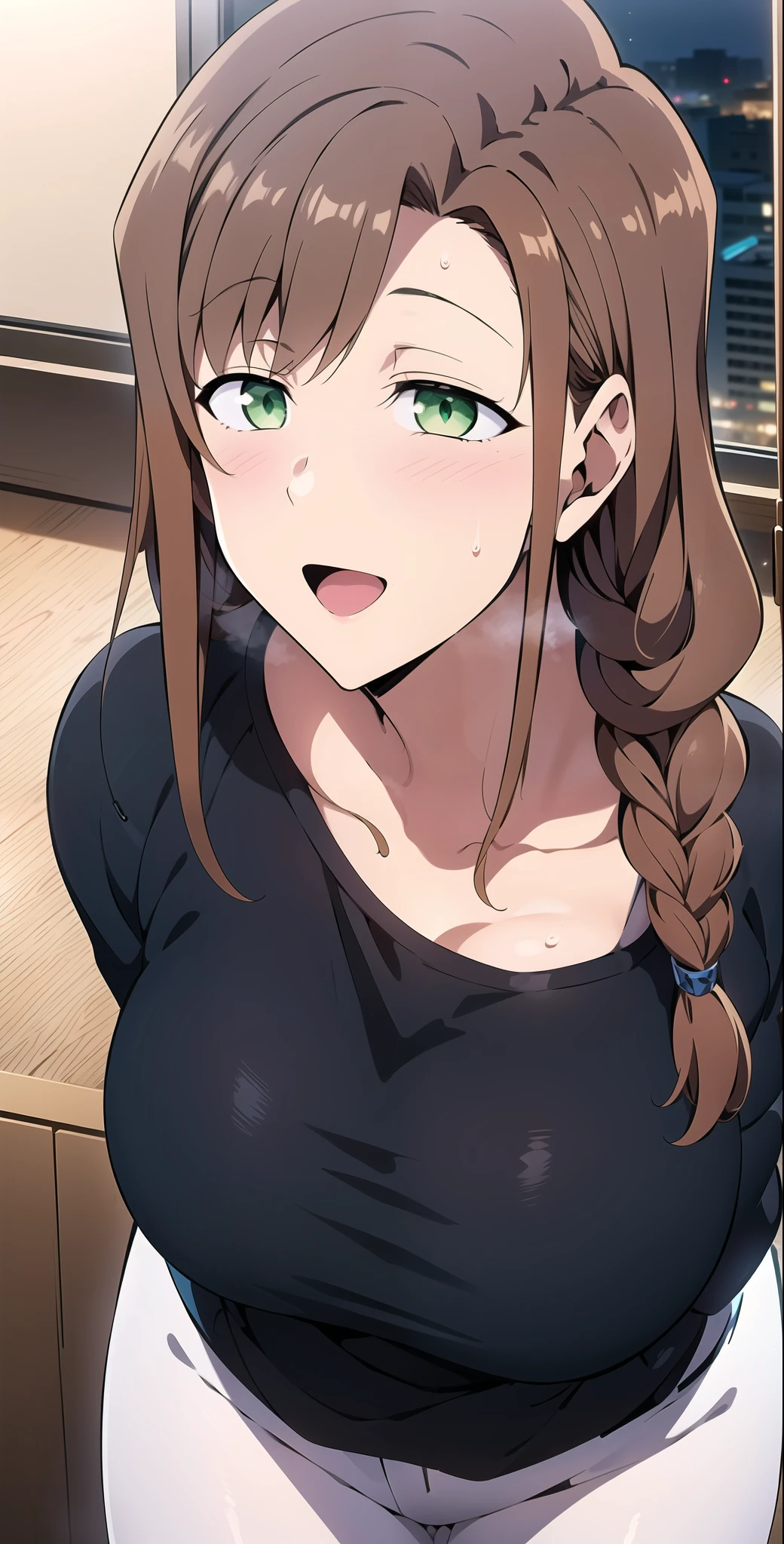 anime style, milf, mature female , brown hair, braid, [female, curvy, wide hips, thick thighs] , green eyes, front view, facing viewer , 2 locks of hair, black shirt, white pants, sweet expression, mature eyes, opened mouth, happy, (capturing the enchanting lighting of the sunset:1.1), Hyper-detailed, insane details, Beautifully color graded, Unreal Engine, DOF, Super-Resolution,Megapixel, Cinematic Lightning, Anti-Aliasing, FKAA, TXAA, RTX,SSAO,Post Processing, Post Production, Tone Mapping, CGI, VFX, SFX, Insanely detailed and intricate , Hyper maximalist, Hyper realistic, Volumetric, Photorealistic, ultra photoreal, ultra- detailed, intricate details,8K, Super detailed , Full color, Volumetric lightning, HDR, Realistic, Unreal Engine, 16K, Sharp focus. Octane render