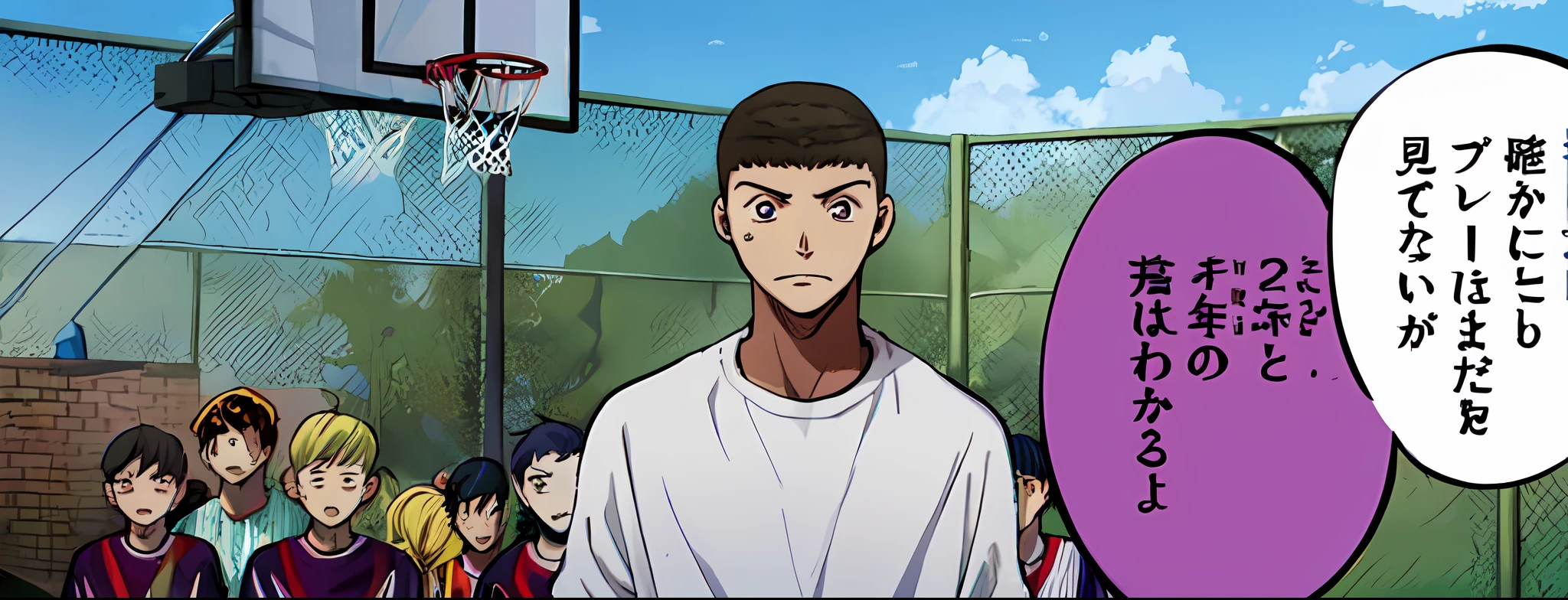 a anime of a boys manga, sad, basketball court outdoor, text manga, color manga, manga color, color manga, color manga panel, simple background