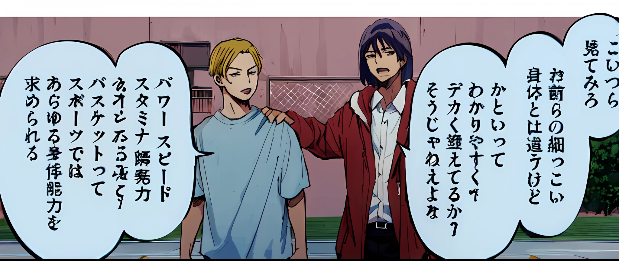 a anime of a boys manga, basketball court outdoor, coat, shirt, text manga, color manga, manga color, color manga, color manga panel, simple background