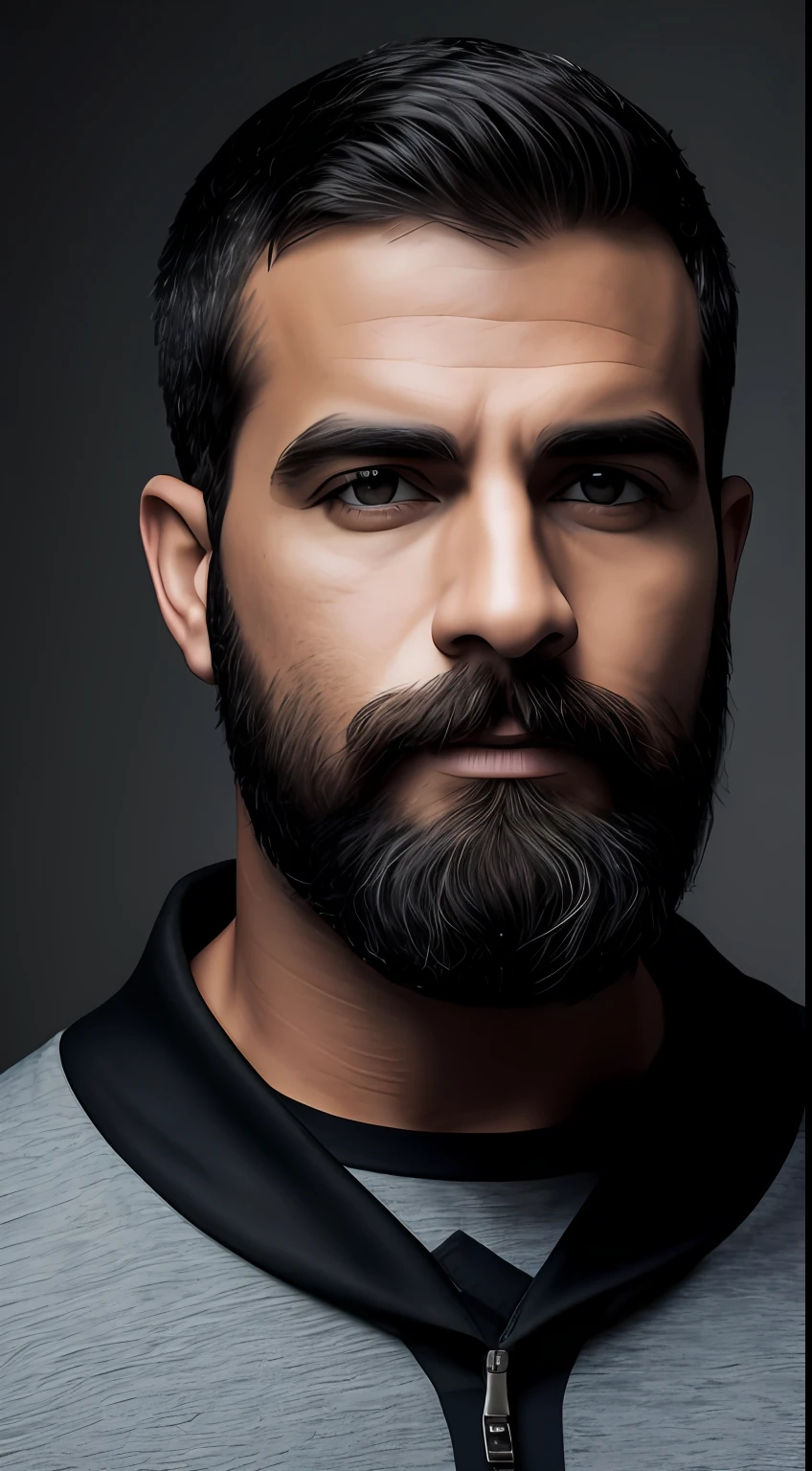 Retrato de Um homem de meia idade, busto, rosto pele detalhados, rugas de expressao, barba grisalha estilo lenhador, jaqueta de couro preto, camiseta branca sem estampa, stiff countenance. Cena ultra detalhada, DSLR Camera with 50mm Lens, soft studio lighting