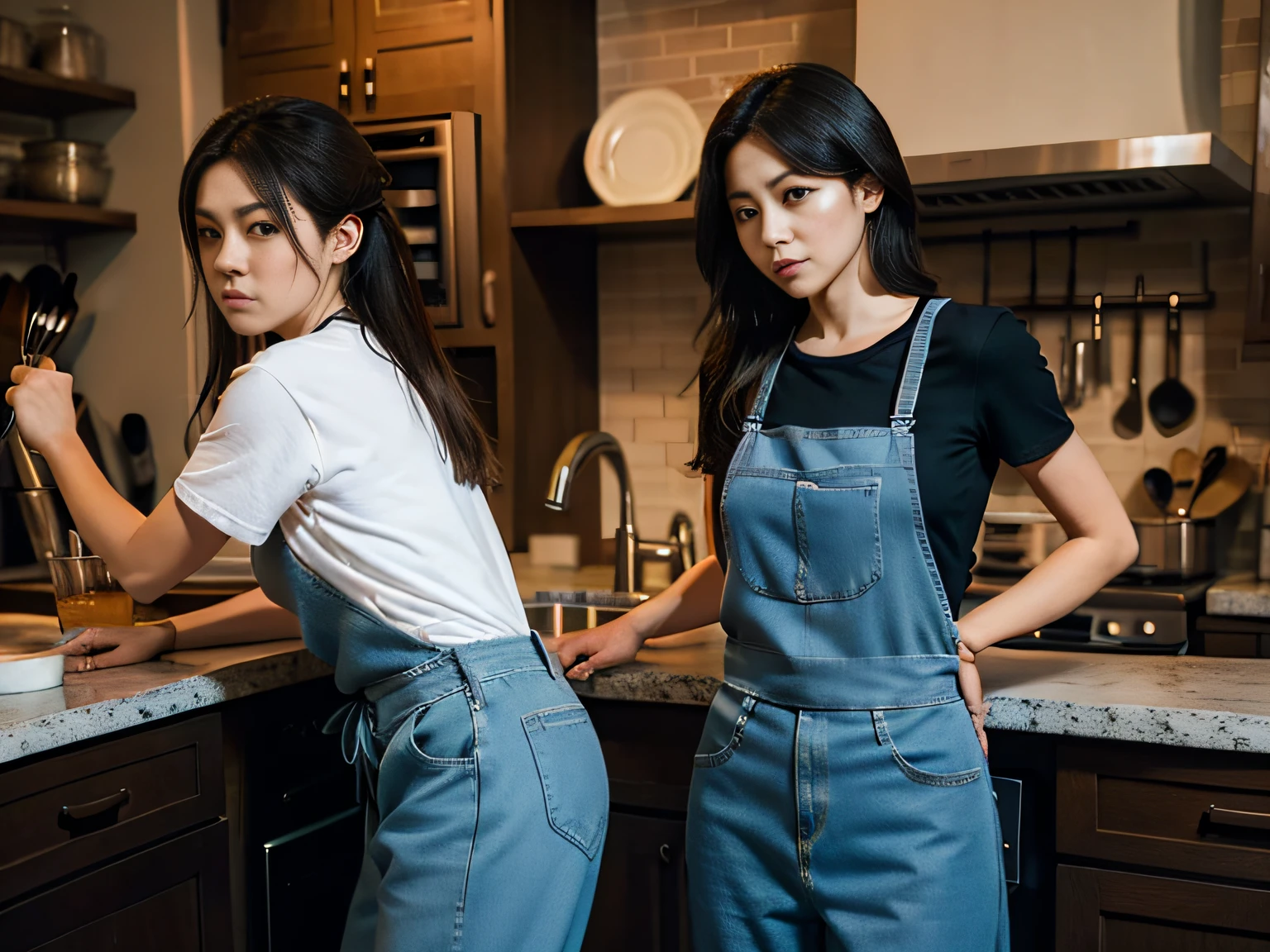2 women,tee shirt,denim pant,aprons,at the kitchen,In washing dishes,sface focus
