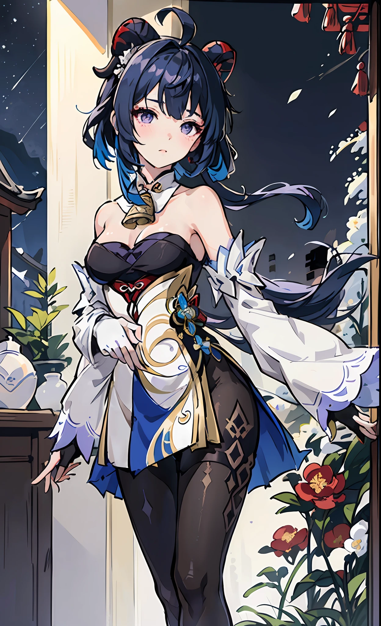 ganyu \(genshin impact\), 1girl, ahoge, architecture, bangs, bare shoulders, bell, black gloves, black pantyhose, ((blue hair)), blush, breasts, chinese knot, detached sleeves, east asian architecture, flower knot, gloves, horns, long hair, looking at viewer, medium breasts, neck bell, night, outdoors, pantyhose, purple eyes, sidelocks, solo, tassel,  white sleeves, ((masterpiece))