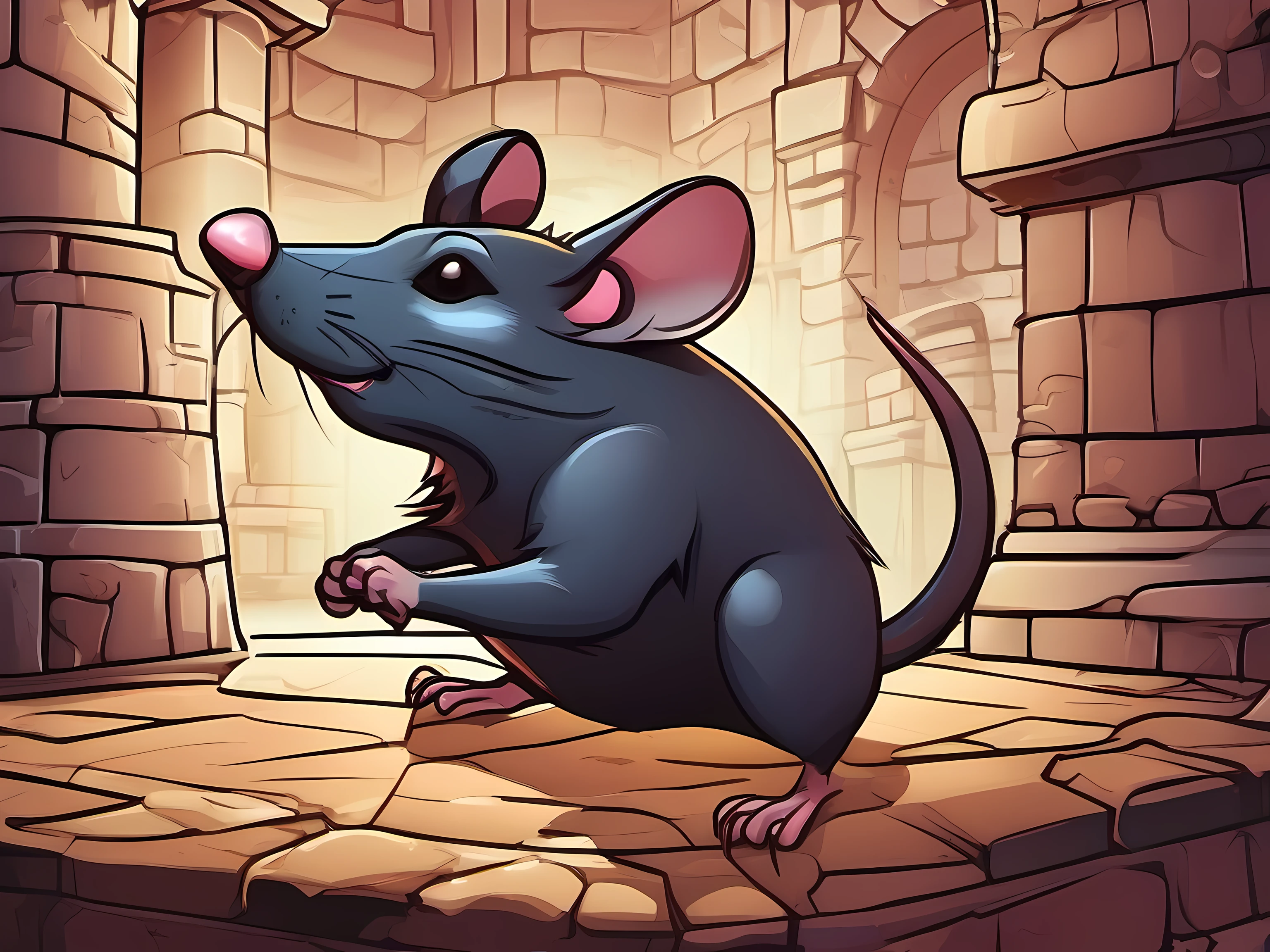 cartoon illustration of a rat enemy in a dungeon, fantasy rat enemy, fantasy rat enemy, fantasy art, mobile game art, stylized game art, 2d game art, 2 d game art, digital illustration, dungeon background, high detail, high quality, concept art, character design