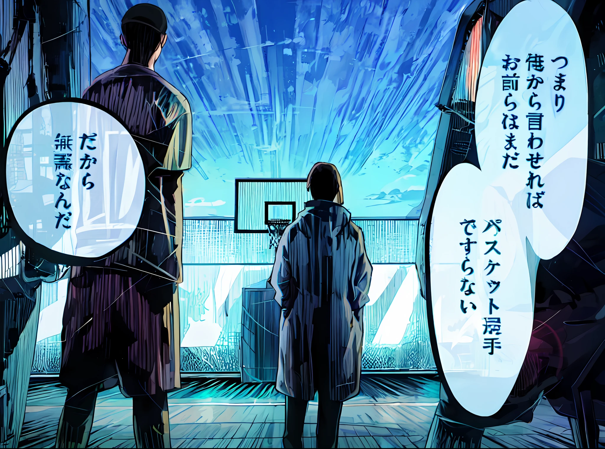 a anime of a boys manga, silhouette with light, basketball court outdoor, text manga, color manga, manga color, color manga, color manga panel, silhouette with light background