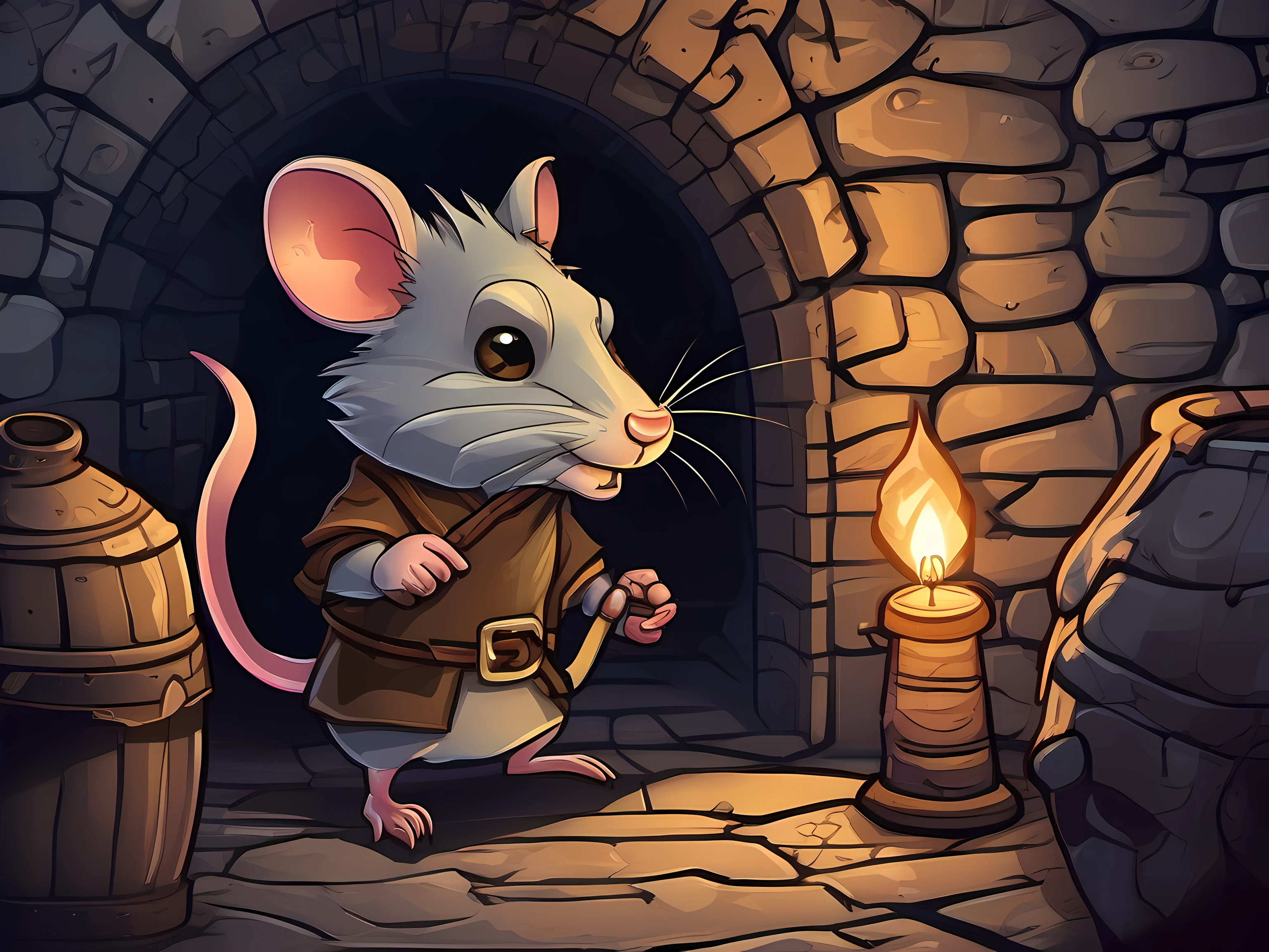 cartoon illustration of a rat enemy in a dungeon, fantasy rat enemy, fantasy rat enemy, fantasy art, mobile game art, stylized game art, 2d game art, 2 d game art, digital illustration, dungeon background, high detail, high quality, concept art, character design