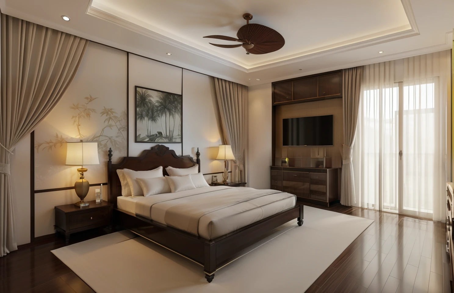 indochina style , bedroom design, 1 wardrobe, 1 bed, 1 floor carpet, high-rise plaster ceiling, 1 white curtain with glass wall, luxury, surreal, 8k resolution, render vray, rendered by unreal engineer 8k, best quality, super product, masterpiece, super detailed, extremely detailed, celling light
Indochine style