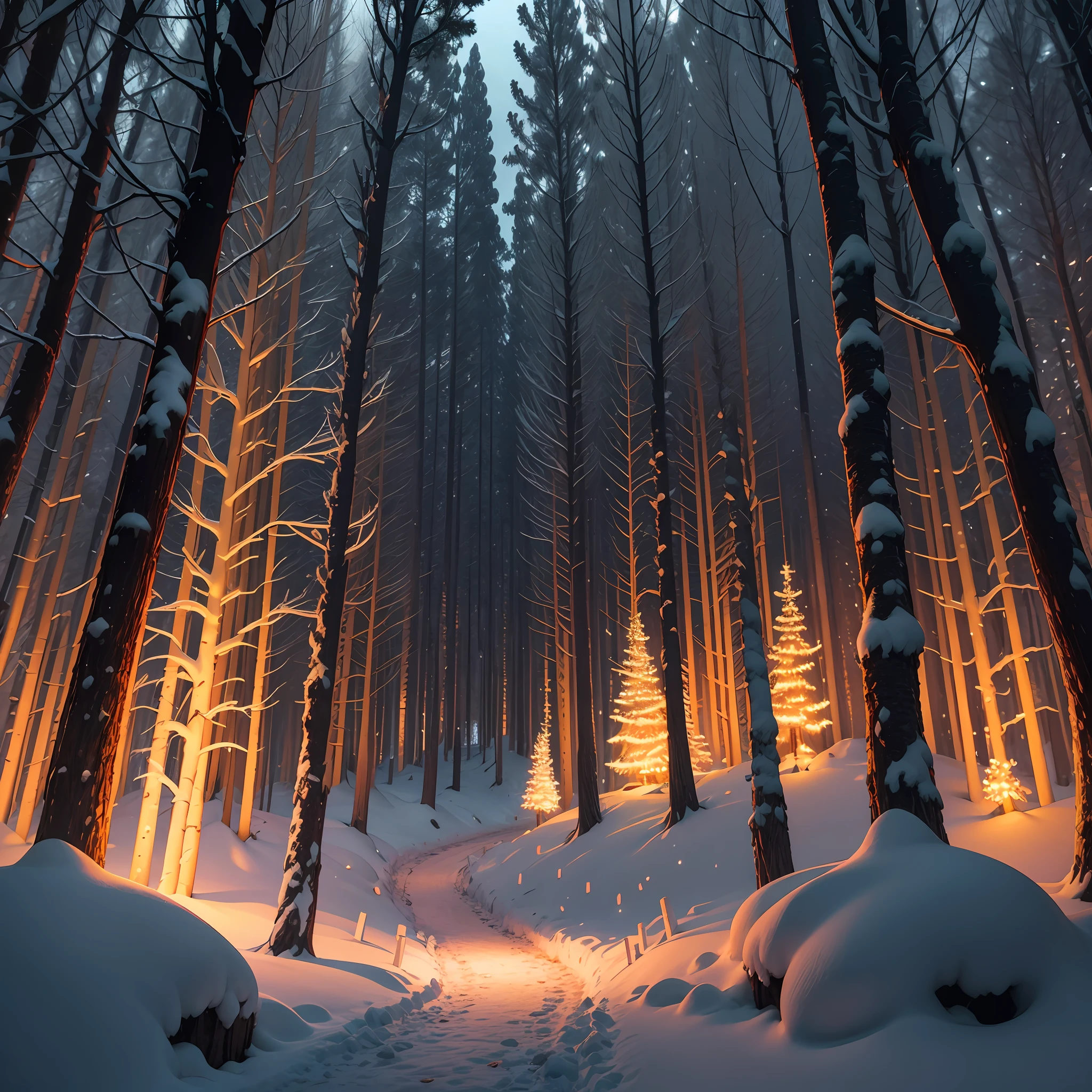bosque helado con nieve por todos lados con arboles muy altos, hongos y ambiente de hadas con luces de neon en los hongo naranja purpura y rojo muy llamativo maxima resolucion --auto