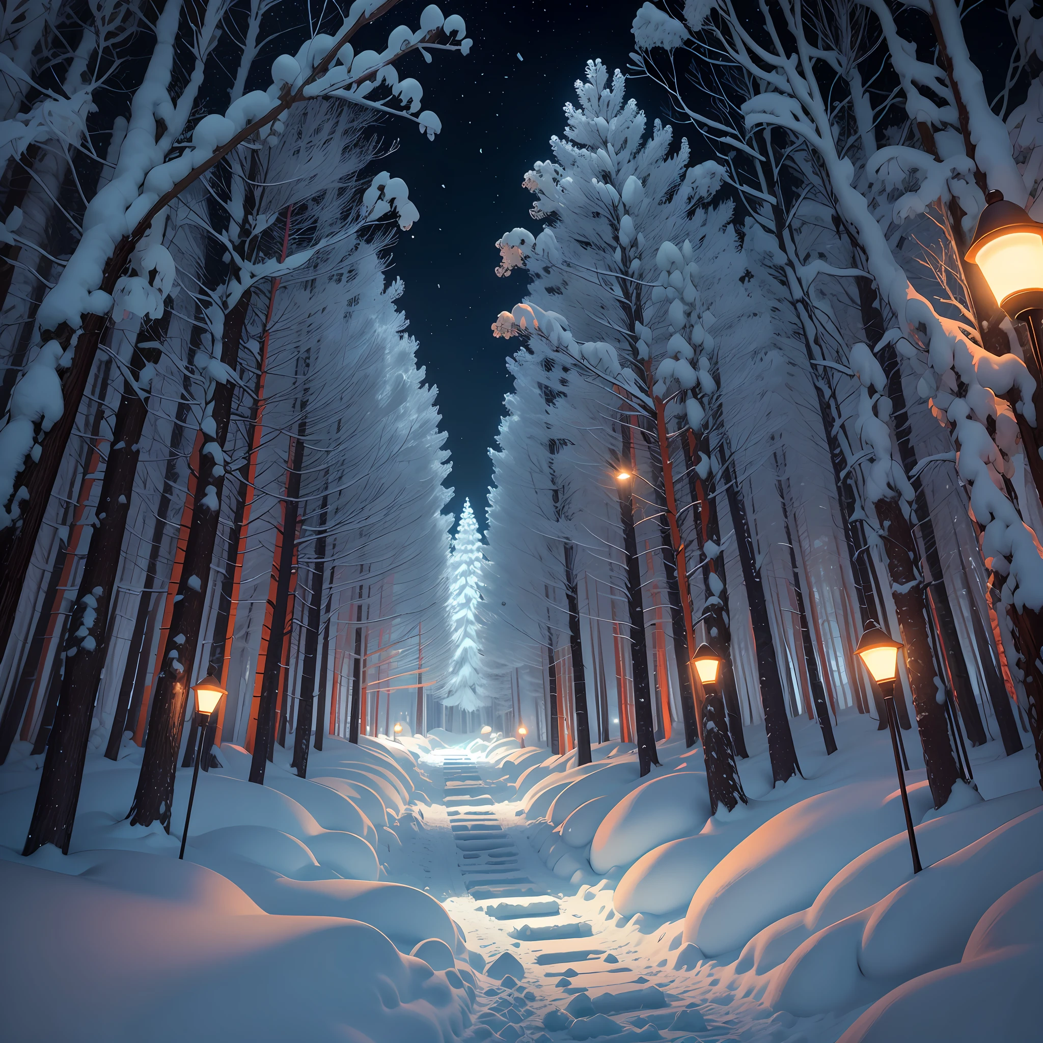 bosque helado con nieve por todos lados con arboles muy altos, hongos y ambiente de hadas con luces de neon en los hongo naranja purpura y rojo muy llamativo maxima resolucion --auto