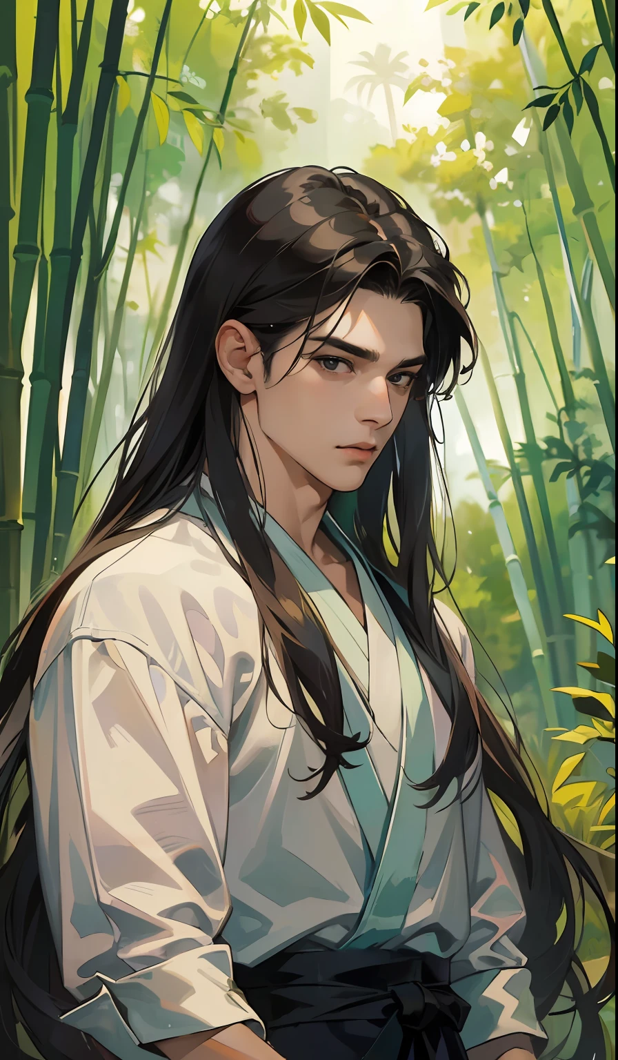 (absurd, high, extremely detailed),((masterpiece)), ((best quality:1.1)), High resolution, 8k,1 calm guy, 45 years old, (black eyes : 1.1), shaded face, (black hair, long hair, (two bangs: 1.1), swordsman's clothes, big body, muscular, 6 pack, calm eyes, wild, looking at the viewer , anime style, in the forest, bamboo trees, HDR, HD, clear details