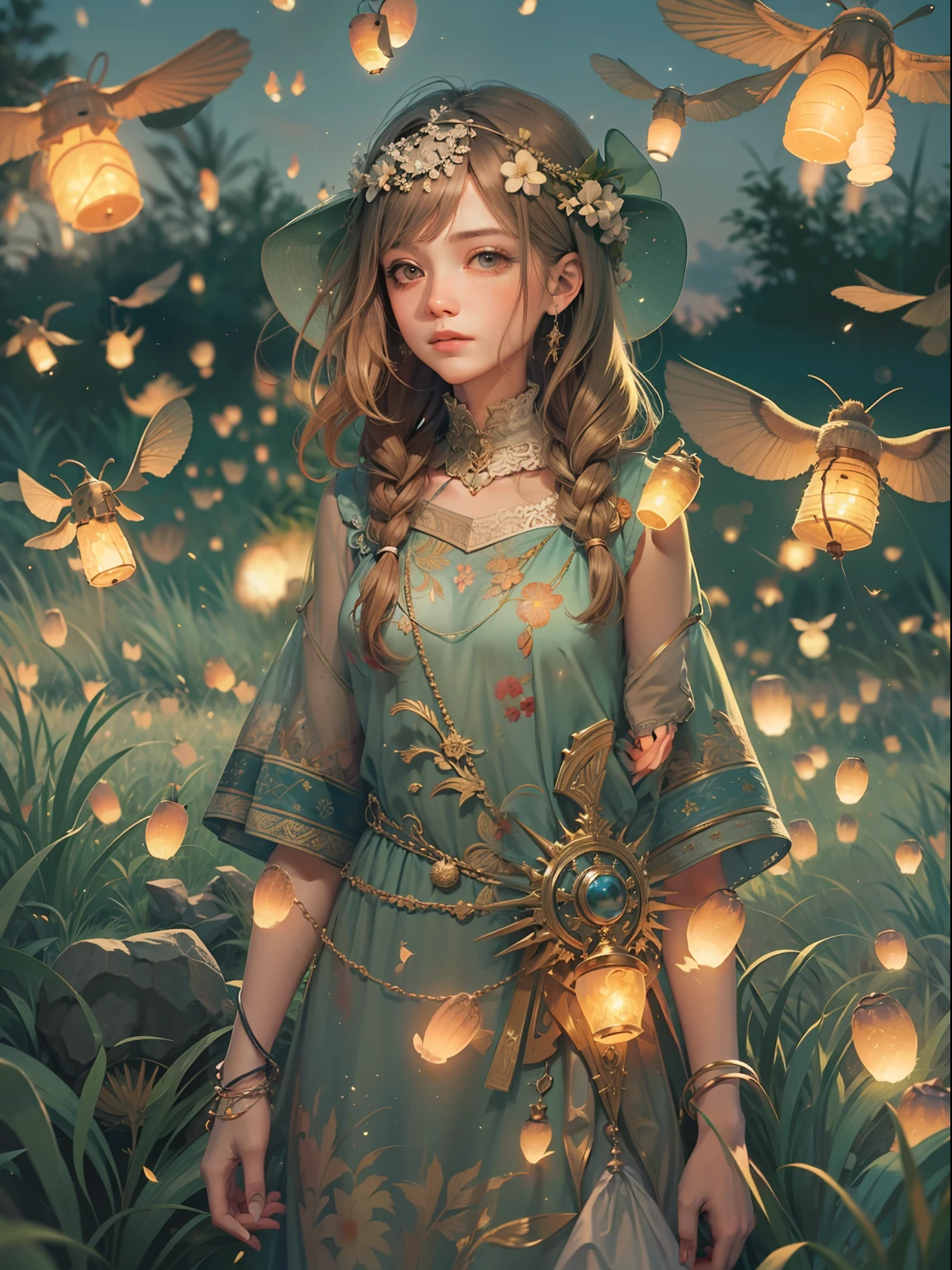 bit girl，There are large tracts of fireflies，Summer is coming to an end，On the lawn，evening light，Skysky，Faraway view，Hand detail，detail in face，plethora of colors