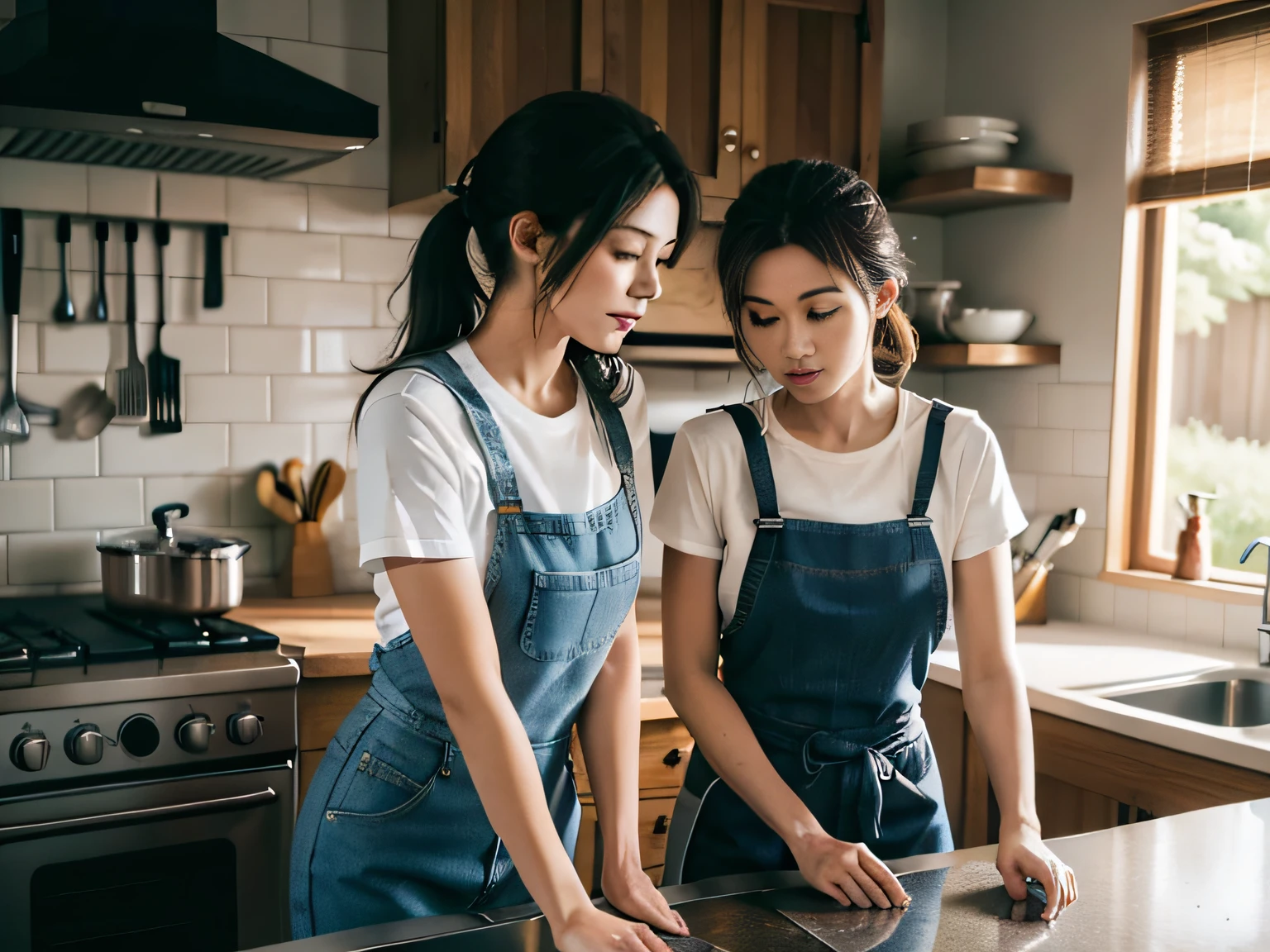 2 women,tee shirt,denim pant,aprons,at the kitchen,In washing dishes,sface focus