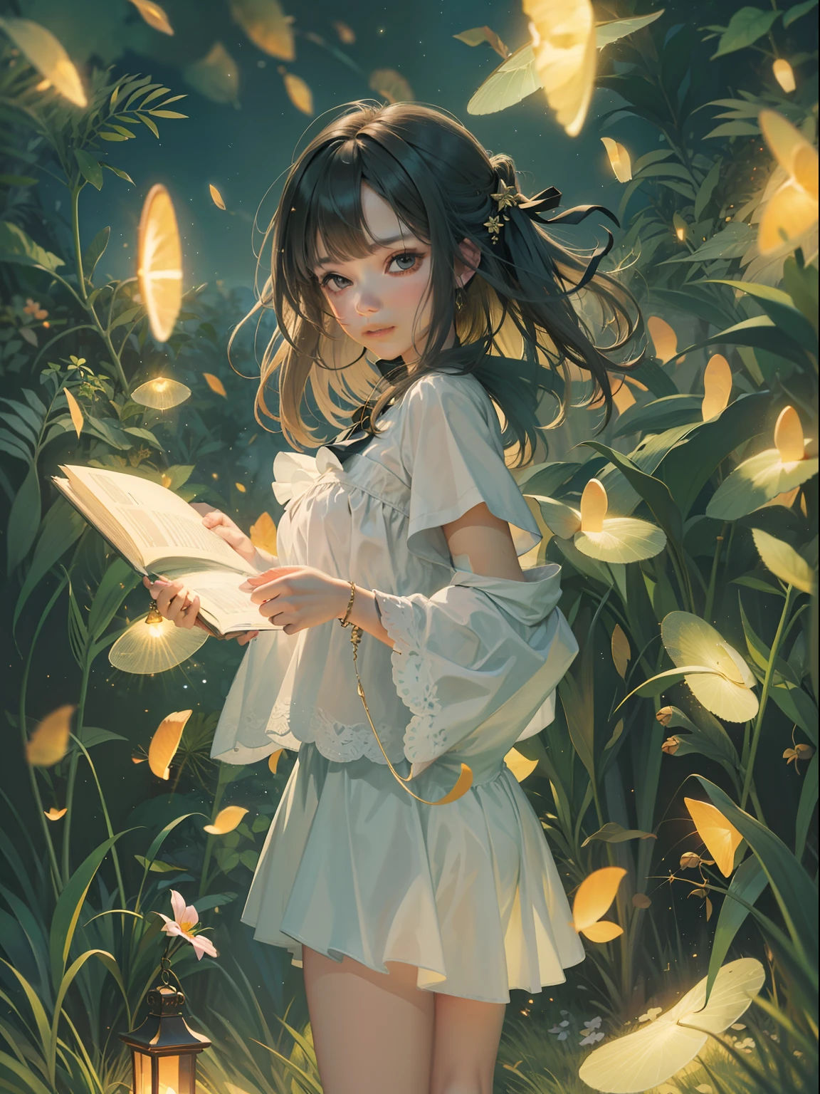 bit girl,There are large tracts of fireflies,Summer is coming to an end,On the lawn,evening light,Skysky,Faraway view,Hand detail,detail in face,plethora of colors