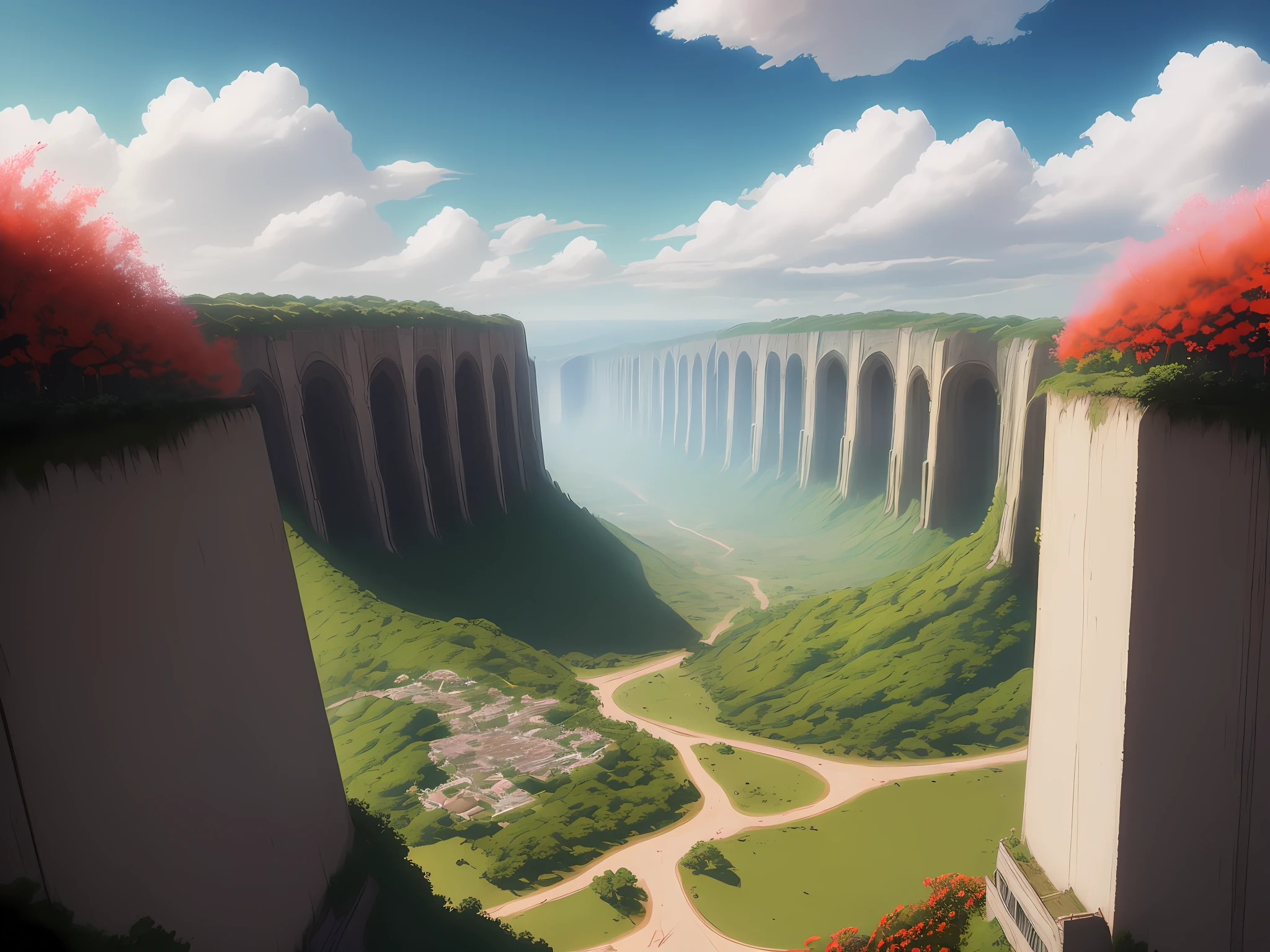 There is a metropolis in the middle of a field of red flowers with trees, paisagem futurista de um dia ensolarado, Paisagem do anime, Concept art and matte painting of anime scenery, fundo colorido do filme anime, papel de parede de paisagem anime, anime scenery, anime bela cena de paz, beautiful anime scenery, Captura de tela do filme de matte painting de anime, fundo do filme anime, filme de anime ainda, arte de fundo do anime, scenic full shot, Detailed scenario —