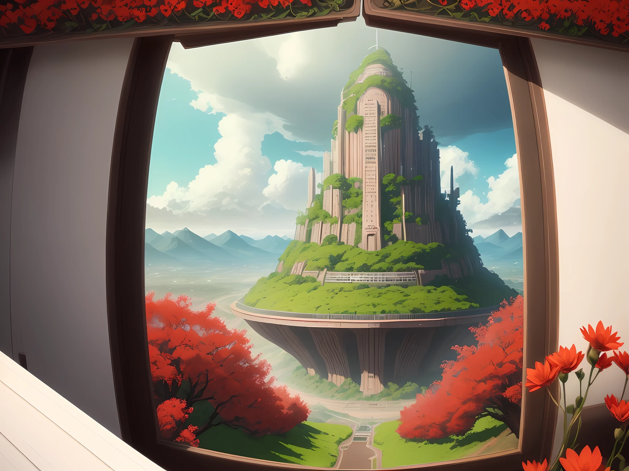 There is a metropolis in the middle of a field of red flowers with trees, paisagem futurista de um dia ensolarado, Paisagem do anime, Concept art and matte painting of anime scenery, fundo colorido do filme anime, papel de parede de paisagem anime, anime scenery, anime bela cena de paz, beautiful anime scenery, Captura de tela do filme de matte painting de anime, fundo do filme anime, filme de anime ainda, arte de fundo do anime, scenic full shot, Detailed scenario —