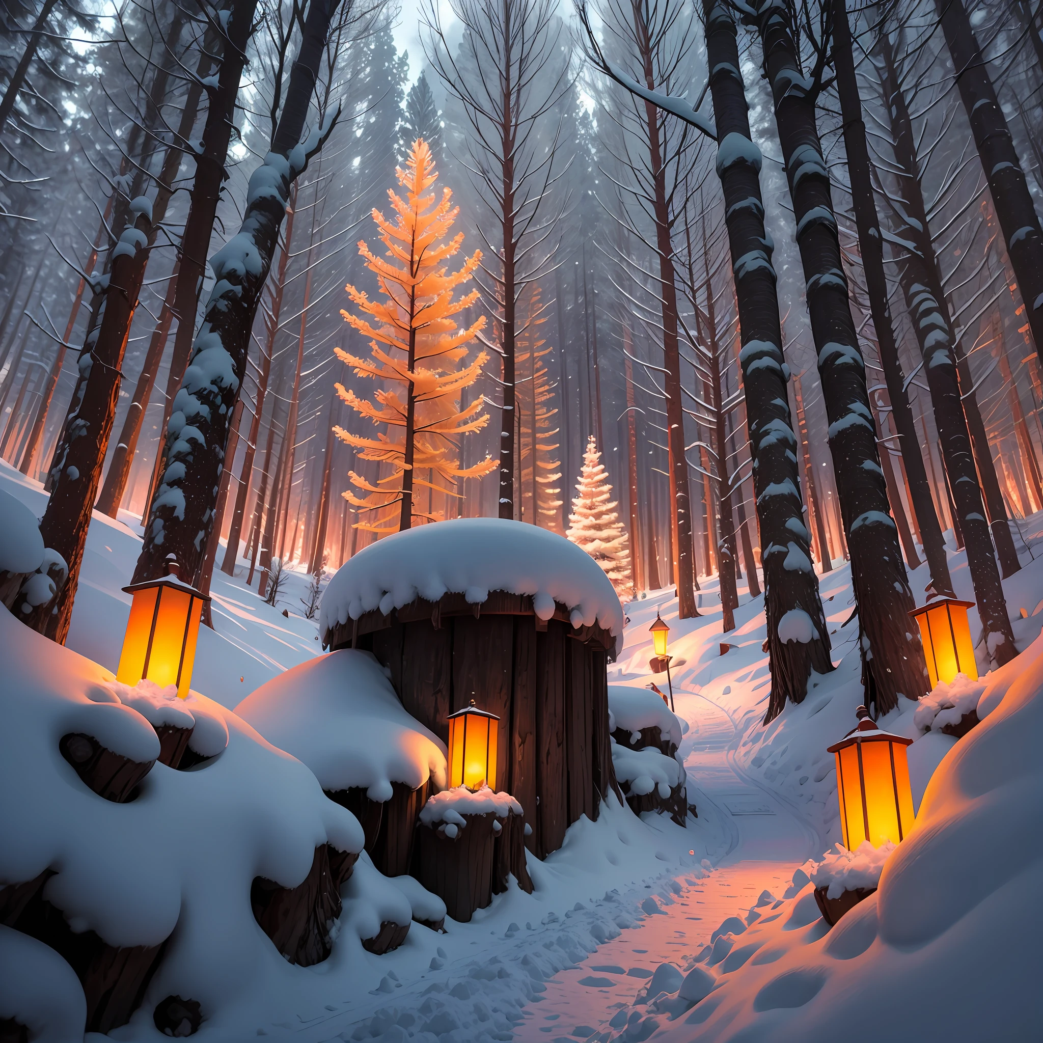 bosque helado con nieve por todos lados con arboles muy altos, hongos y ambiente de hadas con luces de neon en los hongo naranja purpura y rojo muy llamativo maxima resolucion --auto