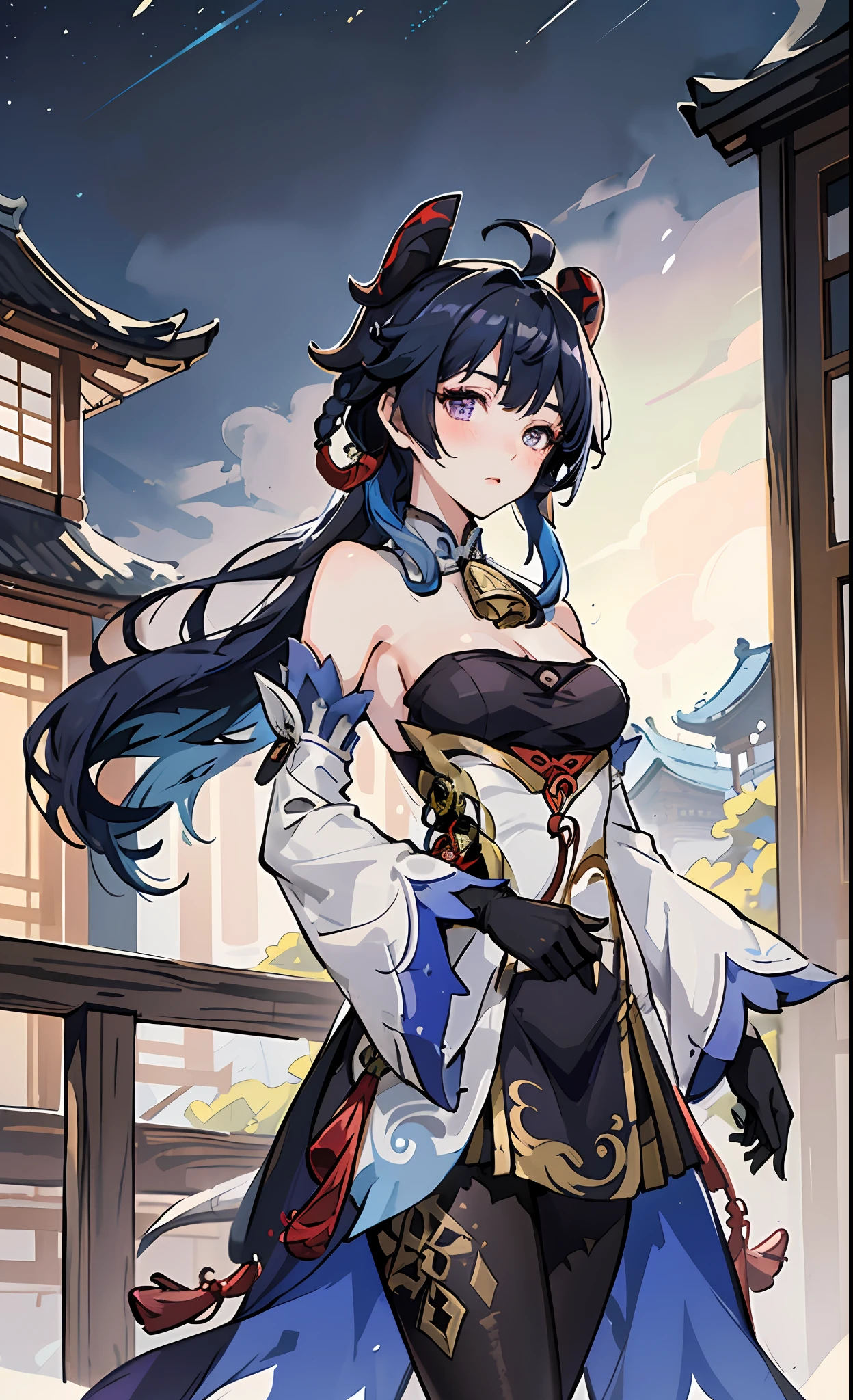 ganyu \(genshin impact\), 1girl, ahoge, architecture, bangs, bare shoulders, bell, black gloves, black pantyhose, ((blue hair)), blush, breasts, chinese knot, detached sleeves, east asian architecture, flower knot, gloves, horns, long hair, looking at viewer, medium breasts, neck bell, night, outdoors, pantyhose, purple eyes, sidelocks, solo, tassel,  white sleeves, ((masterpiece))