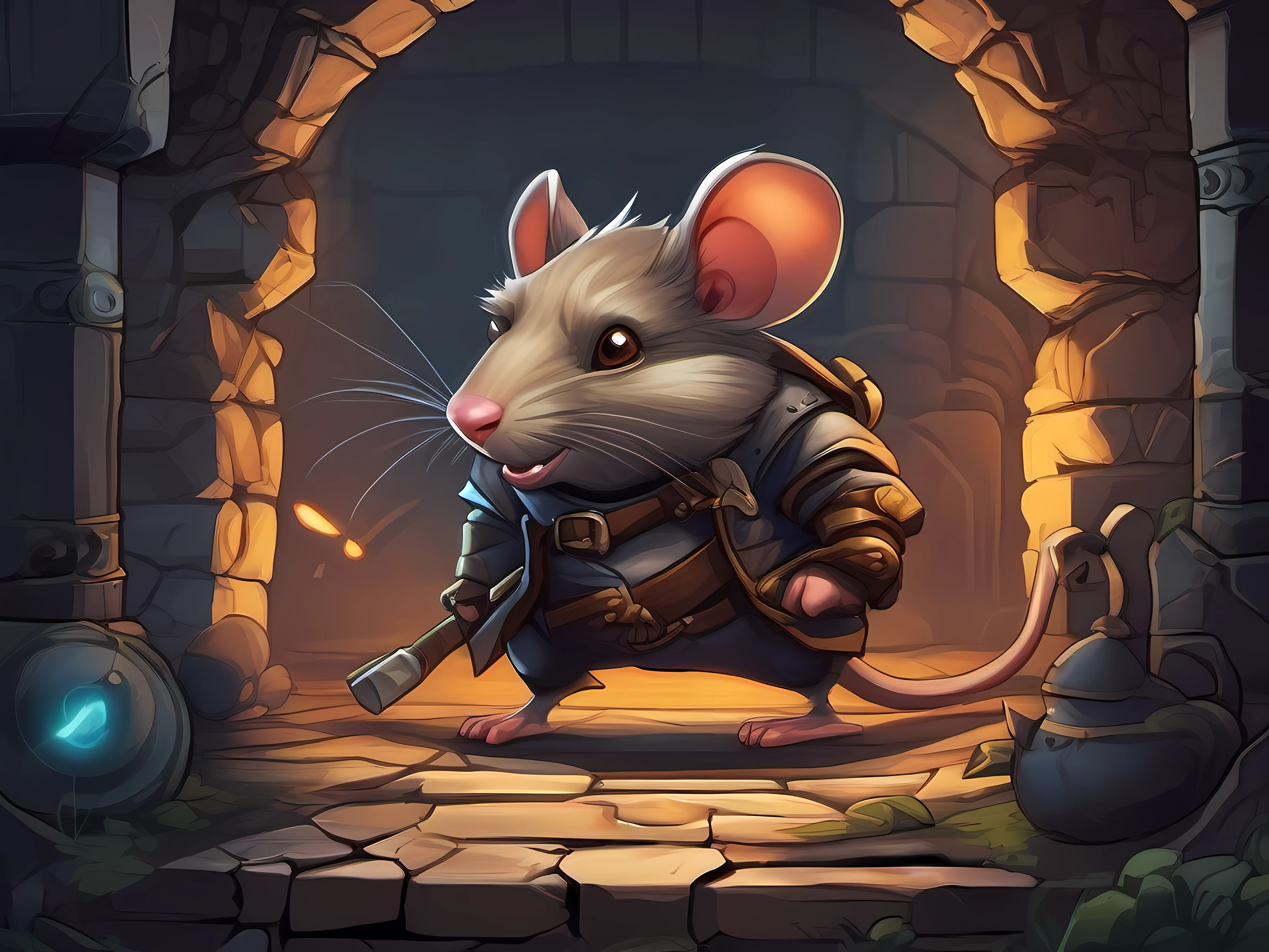 cartoon illustration of a rat enemy in a dungeon, fantasy rat enemy, fantasy rat enemy, fantasy art, mobile game art, stylized game art, 2d game art, 2 d game art, digital illustration, dungeon background, high detail, high quality, concept art, character design