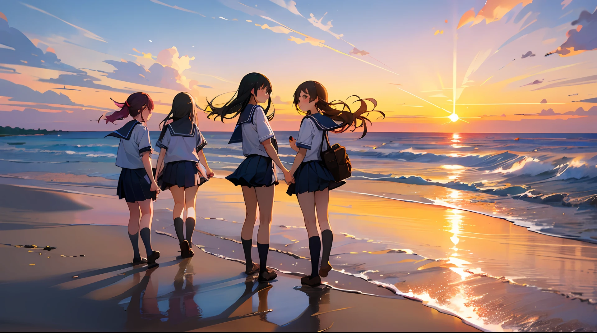 masterpiece, many girls, school uniform, beach, sunset,