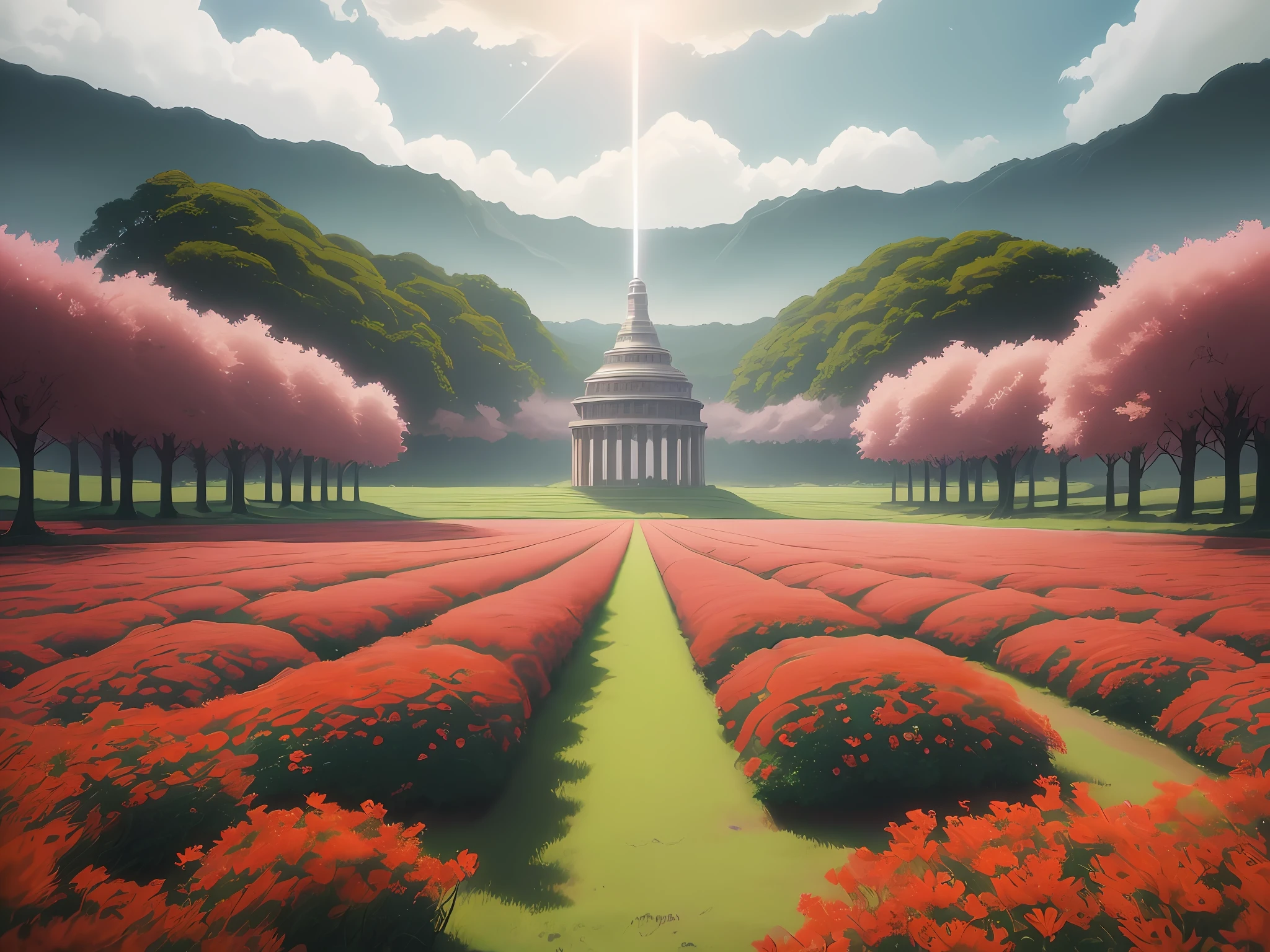 There is a metropolis in the middle of a field of red flowers with trees, paisagem futurista de um dia ensolarado, Paisagem do anime, Concept art and matte painting of anime scenery, fundo colorido do filme anime, papel de parede de paisagem anime, anime scenery, anime bela cena de paz, beautiful anime scenery, Captura de tela do filme de matte painting de anime, fundo do filme anime, filme de anime ainda, arte de fundo do anime, scenic full shot, Detailed scenario —