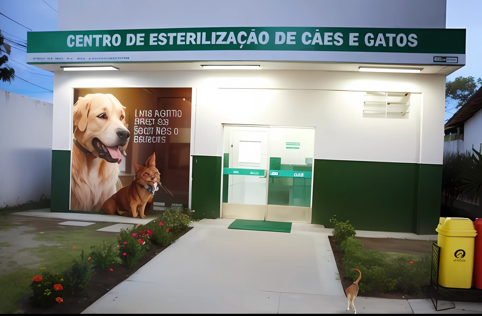 There is a dog that is walking in front of a building, imagem central, hunting, caio santos, Directed by: Fernando Gerassi, gatos, Gadigal, Directed by: Géza Dósa, icaro carvalho, a foto mostra um grande, Edon Guraziu, david rios ferreira, Directed by: Carlos Catasse, centro da imagem