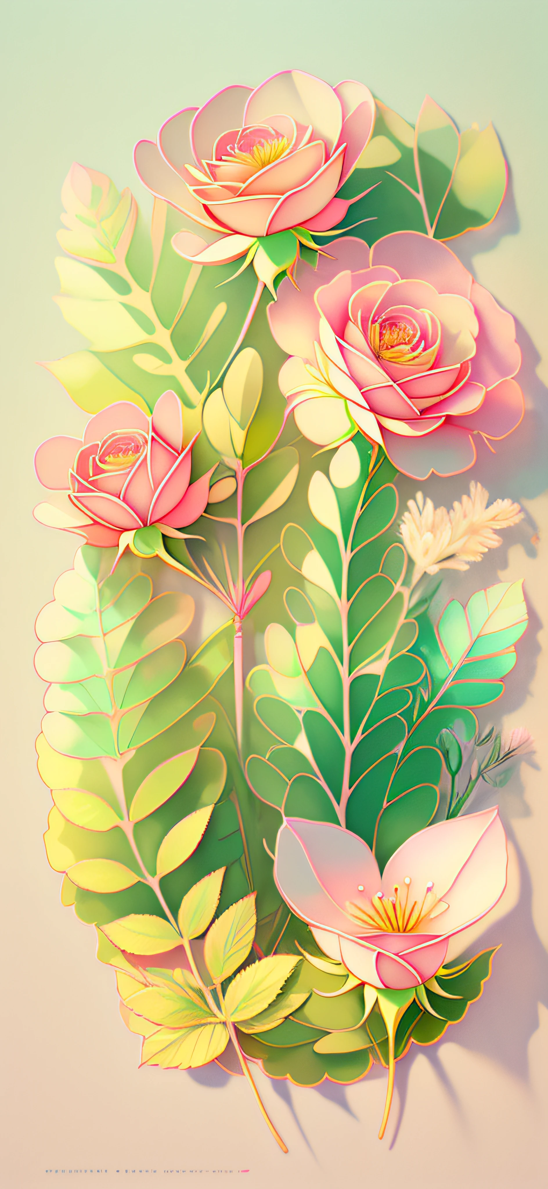 roses, delicate pastel background with veined leaf ornament, thin dark lines, dark veins in the leaves, transparent flower petals, warm color scheme, elegant floral ornament, delicate botany, small flowers, dill inflorescences, flat image, pastel light colors, calm beige colors, diffused light, joyful mood, illustrator style, 2D, 4K