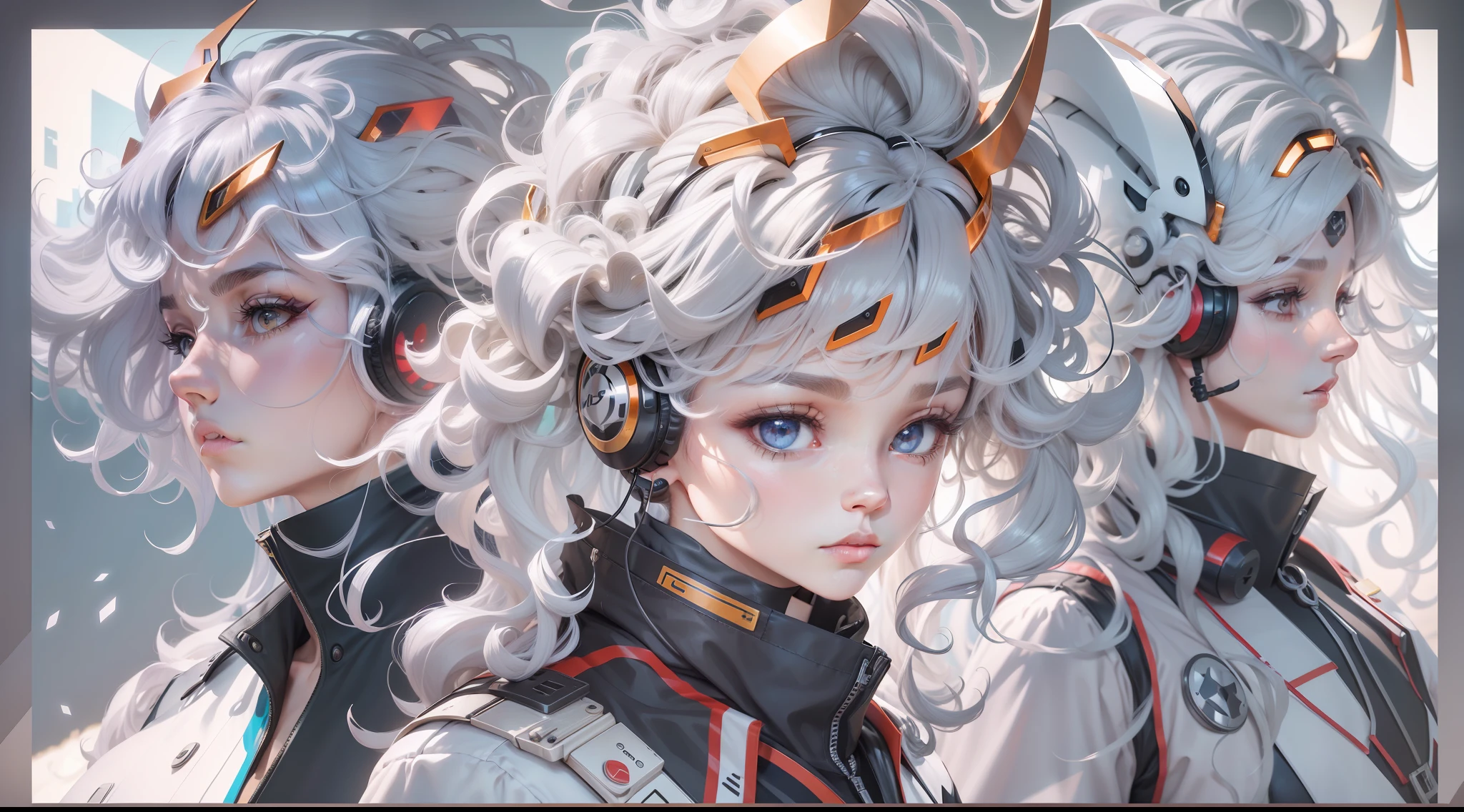 curly hair, silver hair, hair between eyes, big hair, hair over eyes, crown, forehead mark, headphones, headphones, white eyes, longeyelashes, disdain, thinking, tsundere, antlers, Suprematism, anime, Romanticism, Futurism, Cubist Futurism, image fill, bloom, backlighting, ray tracing, three sided view, cowboy shot, cowboy shot, panorama, 16k, 16k, highres, best quality, award winning, ccurate