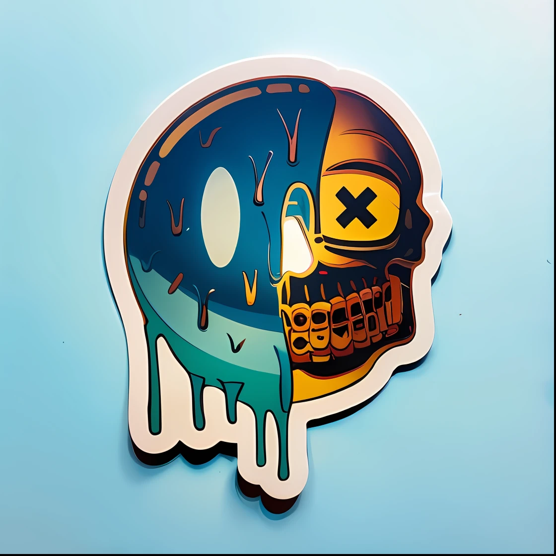a sticker with a skull and a piece of pizza on it, sticker illustration