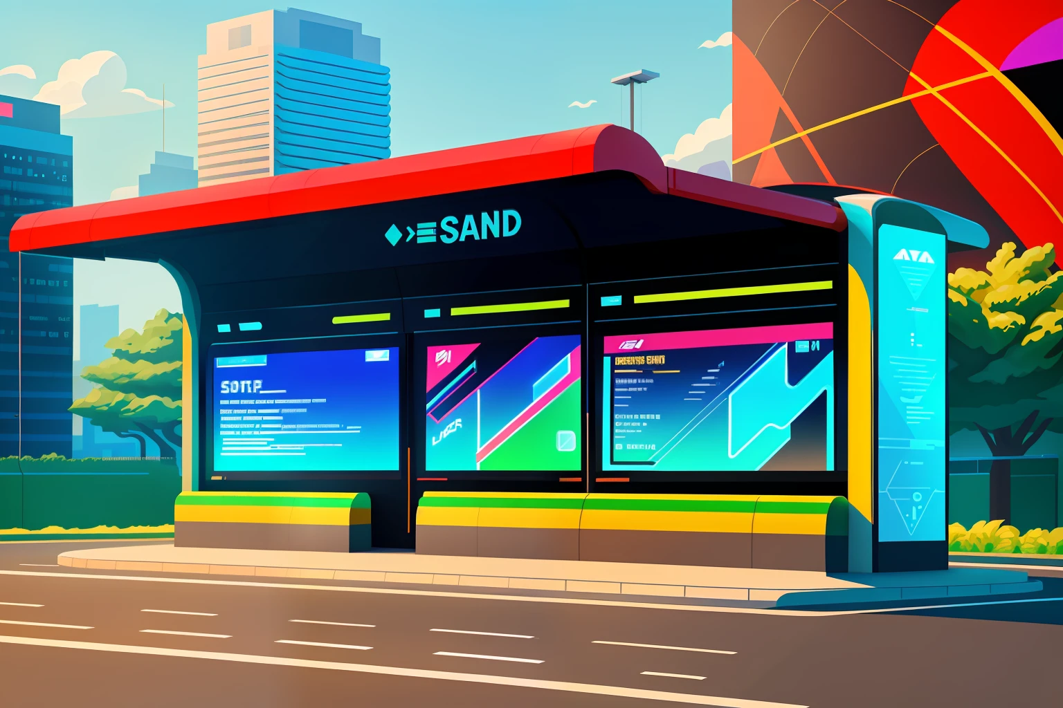 Isometric style，120 degrees accurate，Polyart，Stylized 3D rendering，There is a bus stop，There are a lot of billboards next to it, large commercial led screens, digital billboard in the middle, Electronic billboards, Digital billboards, bus station, digital displays, large led screens, giant video screens, Super detail，3D stylized scene