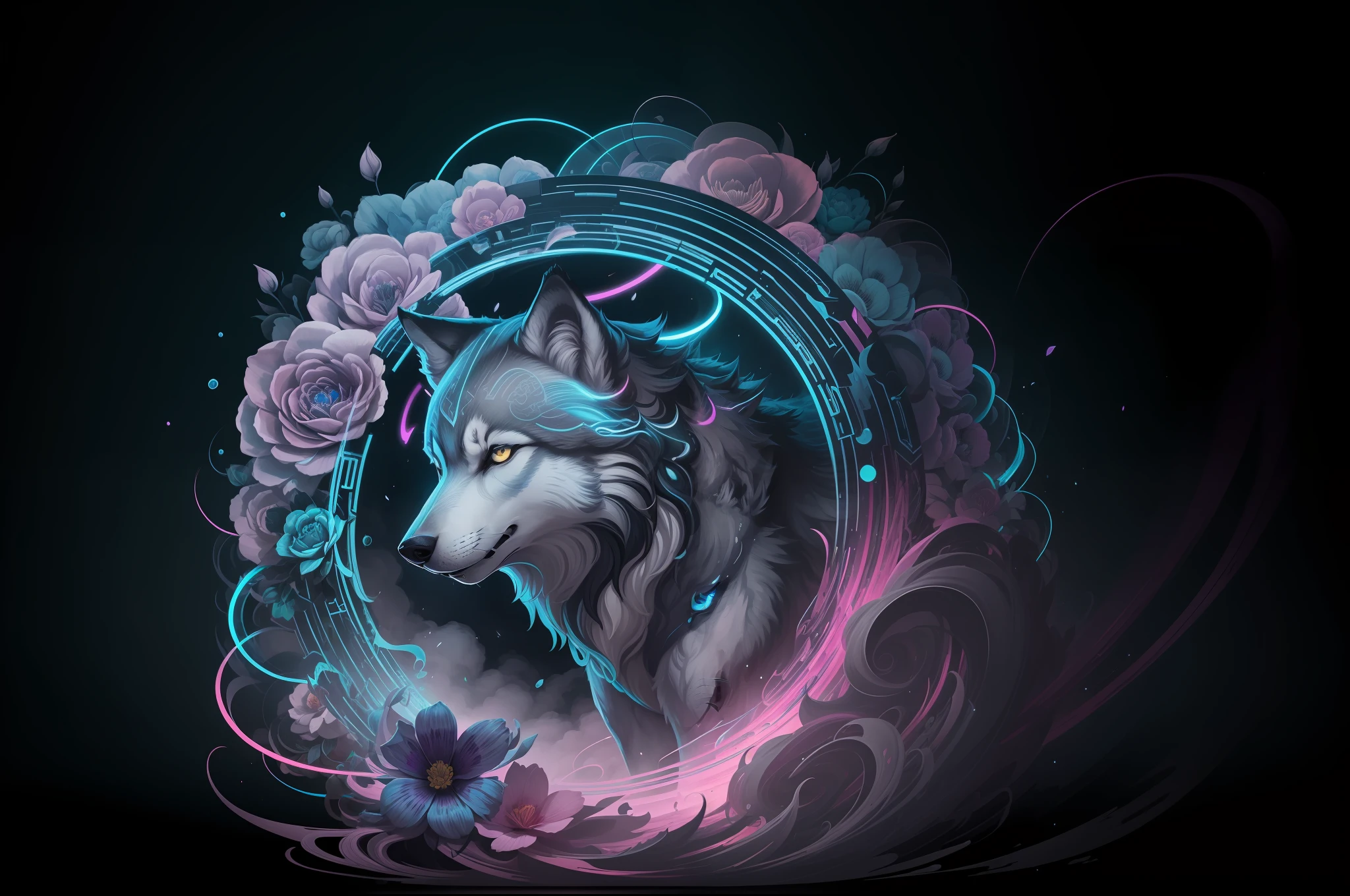 wan-wan-wo, swirling vortexes, a gray wolf around azure fog and flowers, grace, dignified, integrity, holiness, brave heart, neon gradation lighting, professional art work, ultra quality, associate graphic illustration,