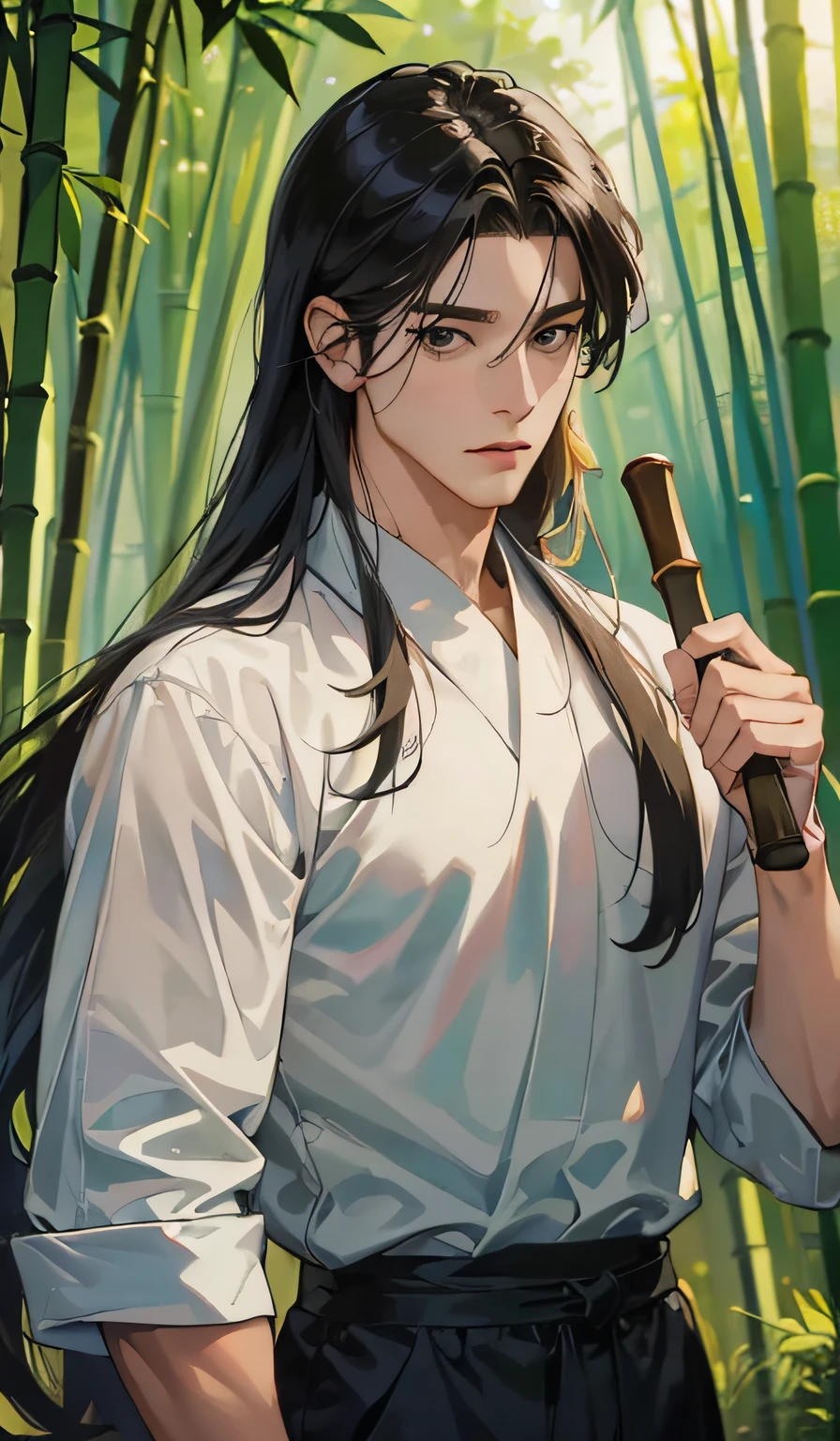 (absurd, high, extremely detailed),((masterpiece)), ((best quality:1.1)), High resolution, 8k,1 calm guy, 45 years old, (black eyes : 1.1), shaded face, (black hair, long hair, (two bangs: 1.1), swordsman's clothes, muscular body, 6-pack, calm eyes, wild, bamboo stick in hand , looking at the viewer, anime style, in the forest, bamboo trees, HDR, HD, clear details