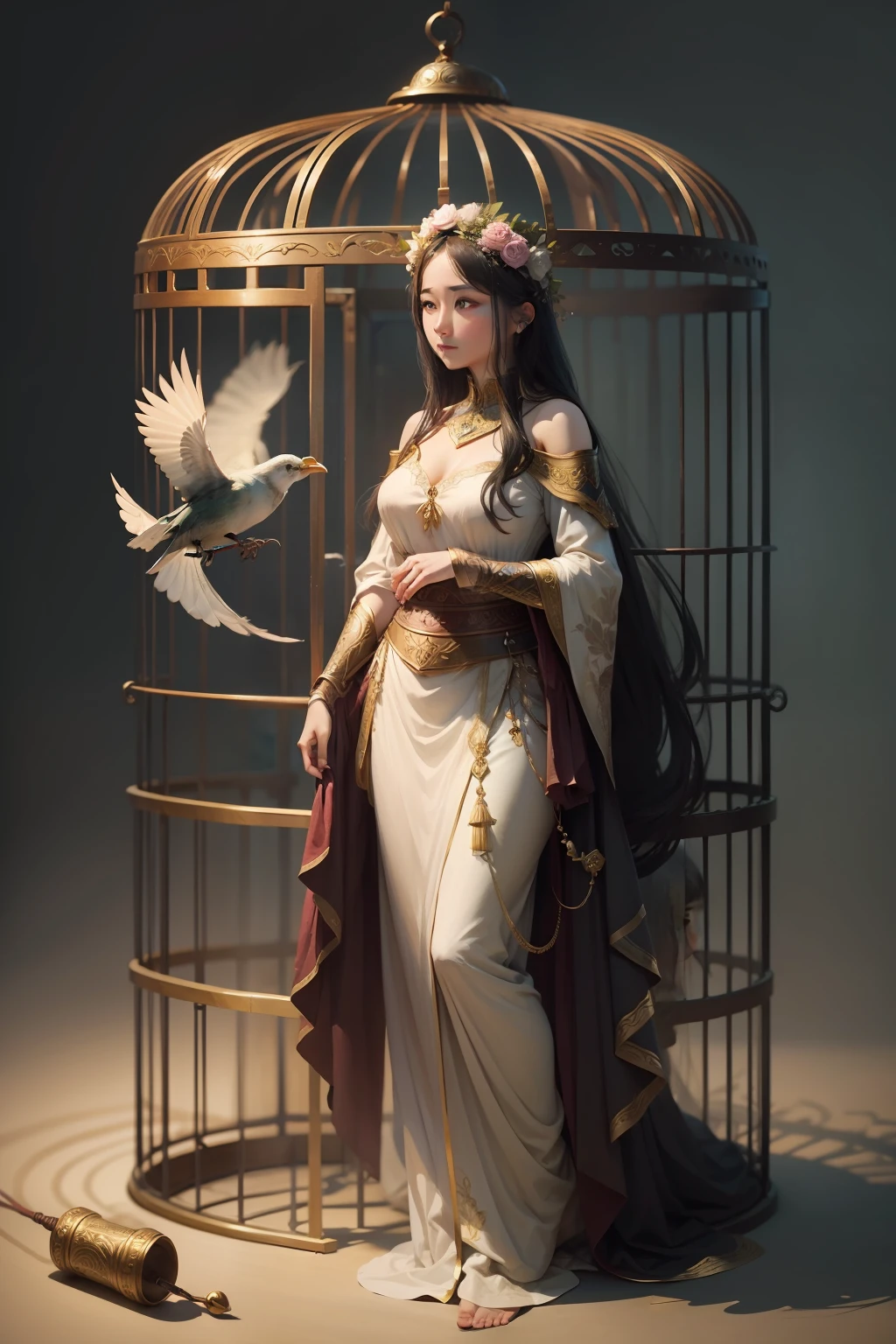 myth、Woman trapped in a bird cage、Detailed depiction of gentle expressions、Beautiful full body、mystical、high-level image quality、masterpiece