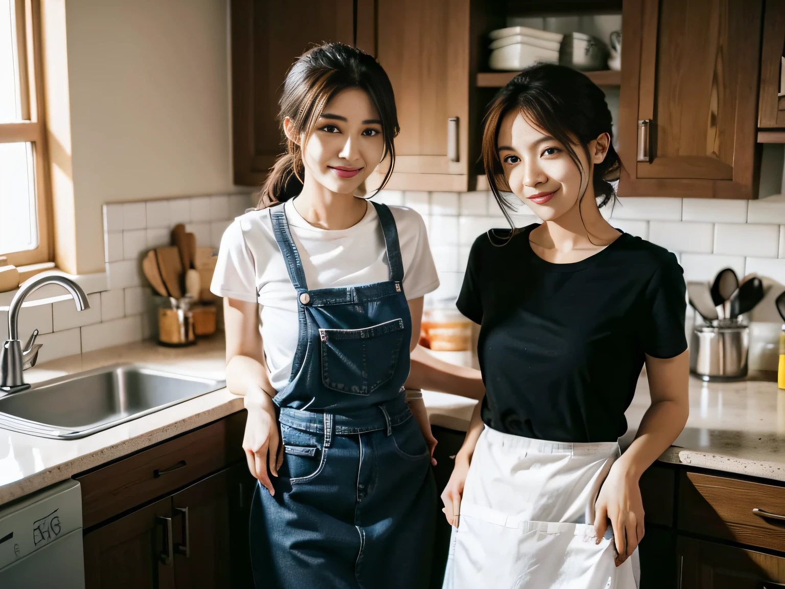 2 women，at the kitchen，Wear a T-shirt、Jeans and aprons，Focus on washing dishes，The face is the focal point。