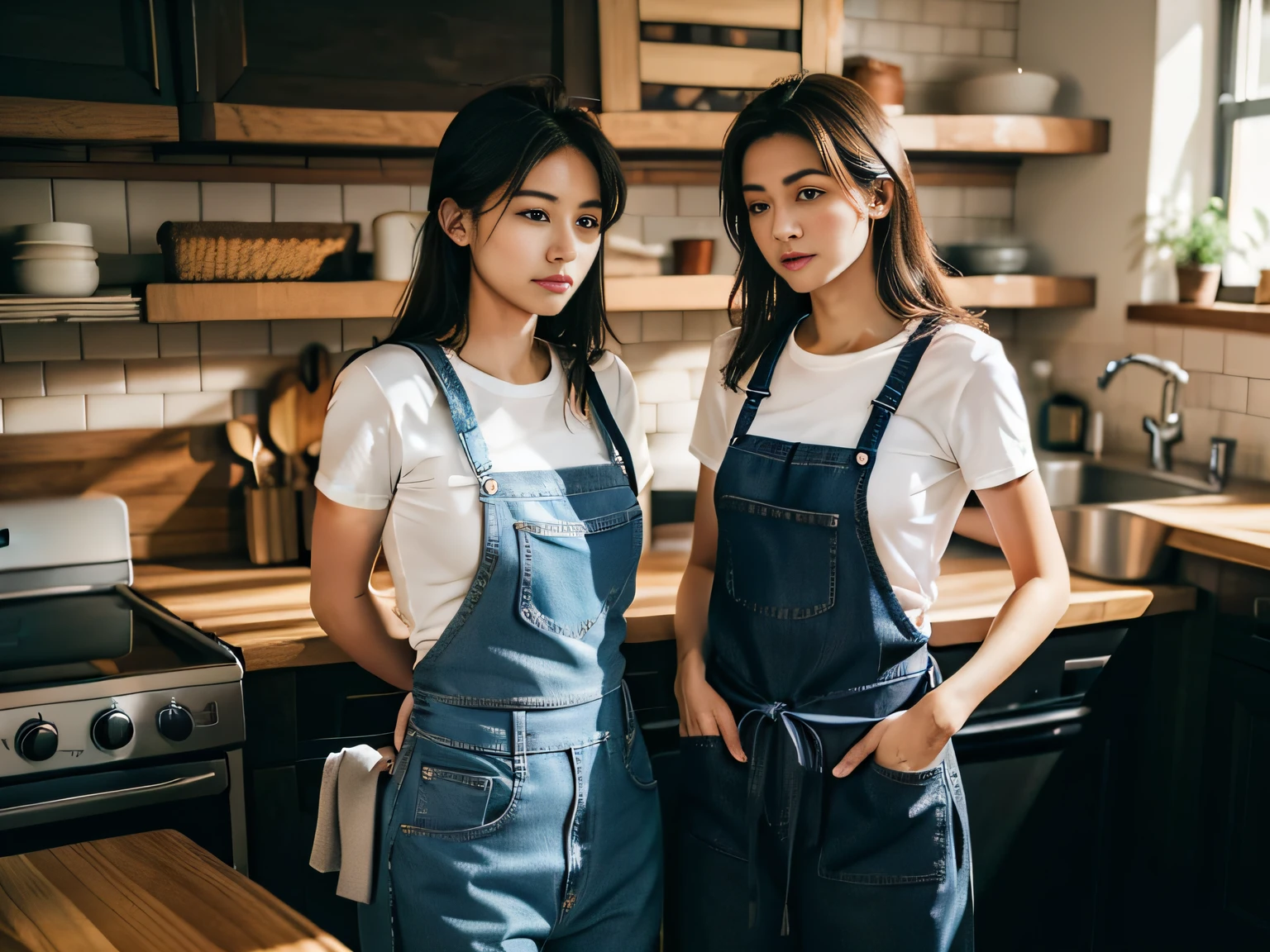 2 women，tee shirt，denim pant，aprons，at the kitchen，In washing dishes，sface focus