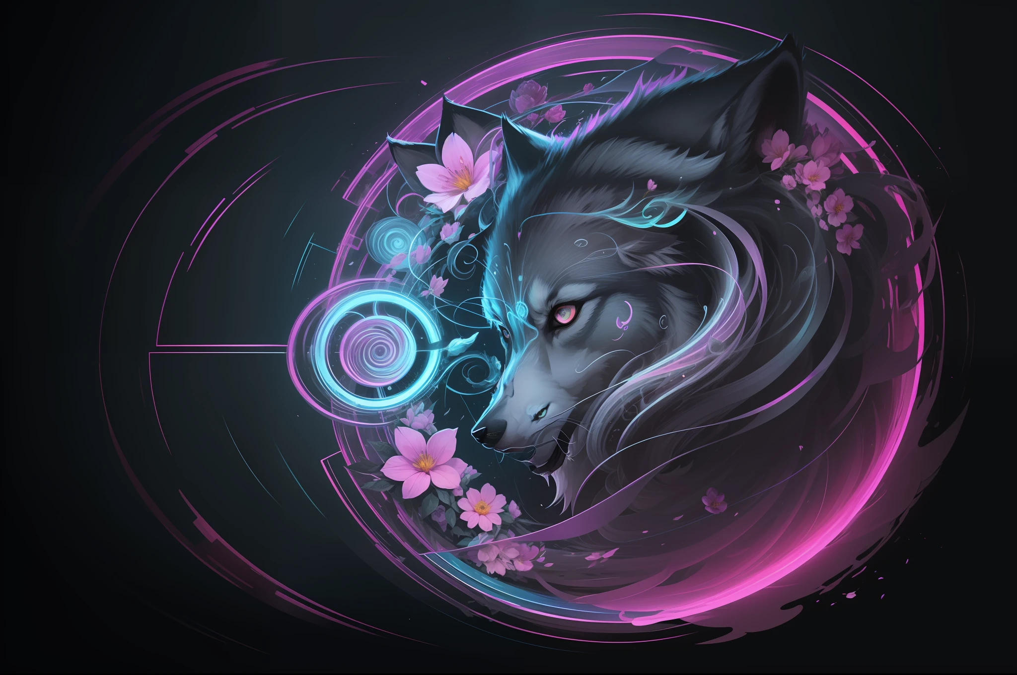 wan-wan-wo, swirling vortexes, a gray wolf around azure fog and flowers, grace, dignified, integrity, holiness, brave heart, neon gradation lighting, professional art work, ultra quality, associate graphic illustration,