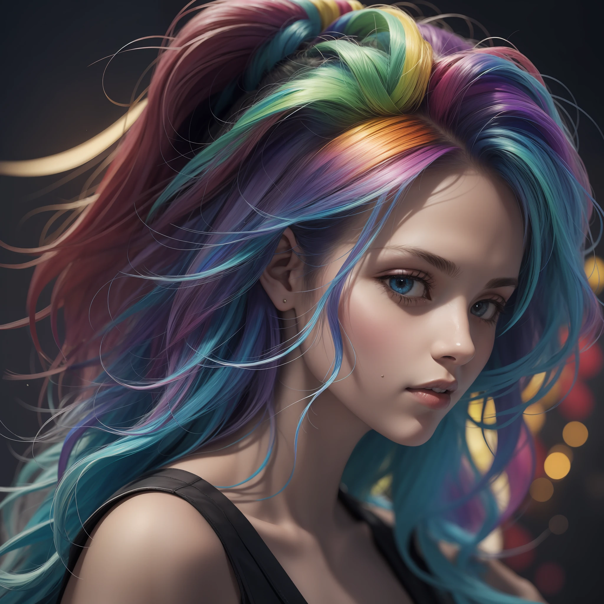 masterpiece, best quality, girl with rainbow hair, really wild hair, mane