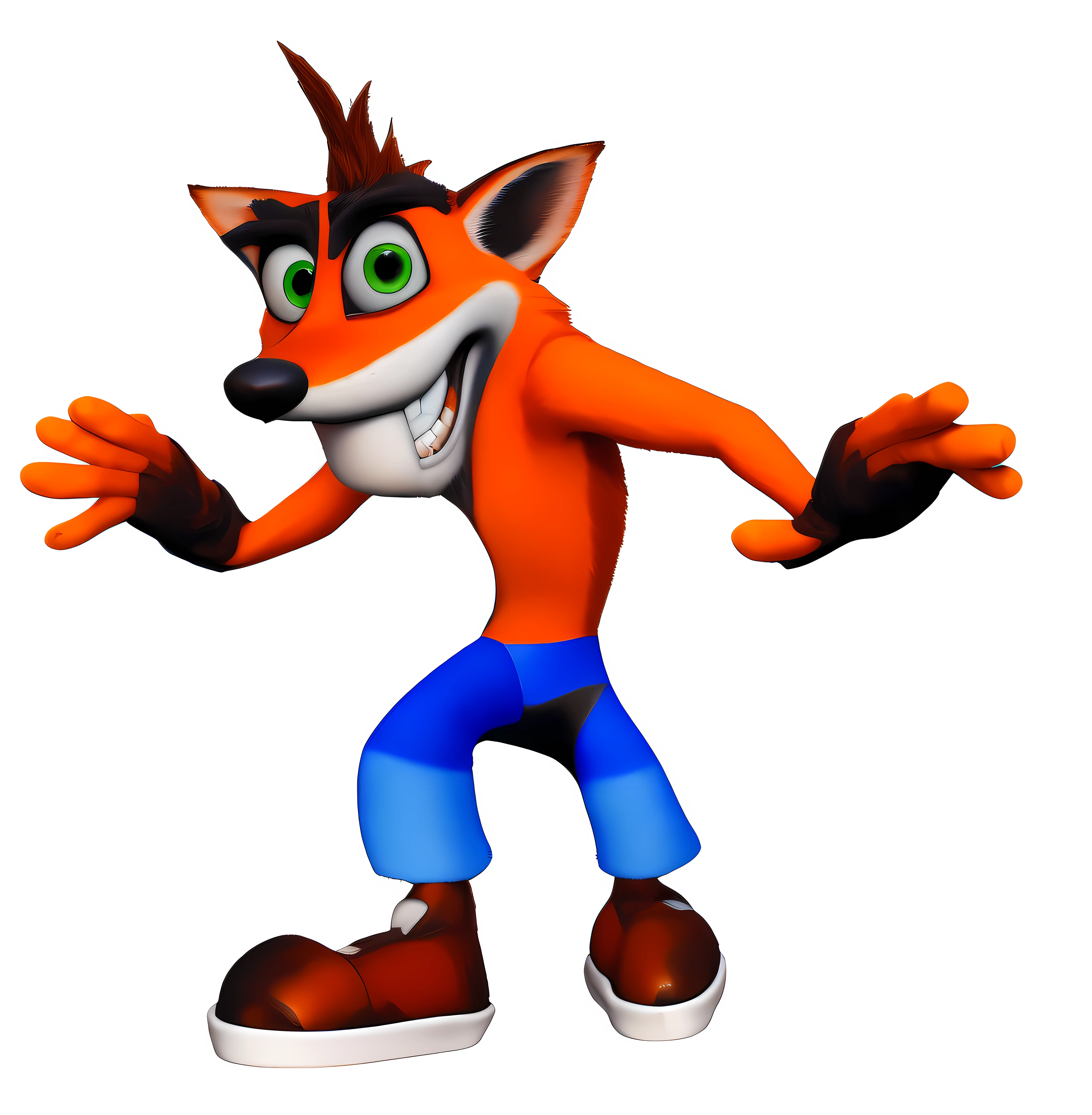 um close up de um personagem de desenho animado com um grande sorriso, bater bandicoot artstyle, Bater Bandicoot, Nick Wilde, crash, 1 9 9 8 rendering, Caractere mesclado, toon rendering, 9 0 s CGI, render cachorro, Foxy, promotional render, tonic the fox, Mostrar sombreador, personagem de desenho animado, Pose de personagem, anthropomorphic character, textura realista.