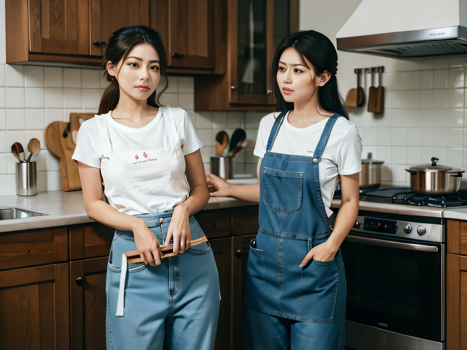 2 women,tee shirt,denim pant,aprons,at the kitchen,In washing dishes,sface focus