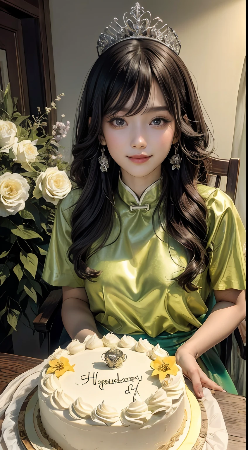 Beautiful long hair cute Chinese modern girl,Twenty-two years old,(face round:1.3),A shallow shy smile,（large black eyes）,（Very detailed and perfect facial depiction）,(Long dark brown hair:1.1),（Half-body appearance）, （Big birthday cake in front of you:1.2), A shiny crown is worn on his head，Light silk fabric in light grass green, facing to audience，(From the bottom view side), Birthday is being celebrated, Happy look,(A variety of flowers:1.2),（surrounded by flower:1.2), happy birthay, Beautiful girl,（light and shadow effect）,（vivd colour）,（Color splattering）,（Obvious layers）,（Ink painting style）,（Photography Award）,（8k wallpaper）,（Masterpiece）,（best qualtiy）,A picture,realisticlying