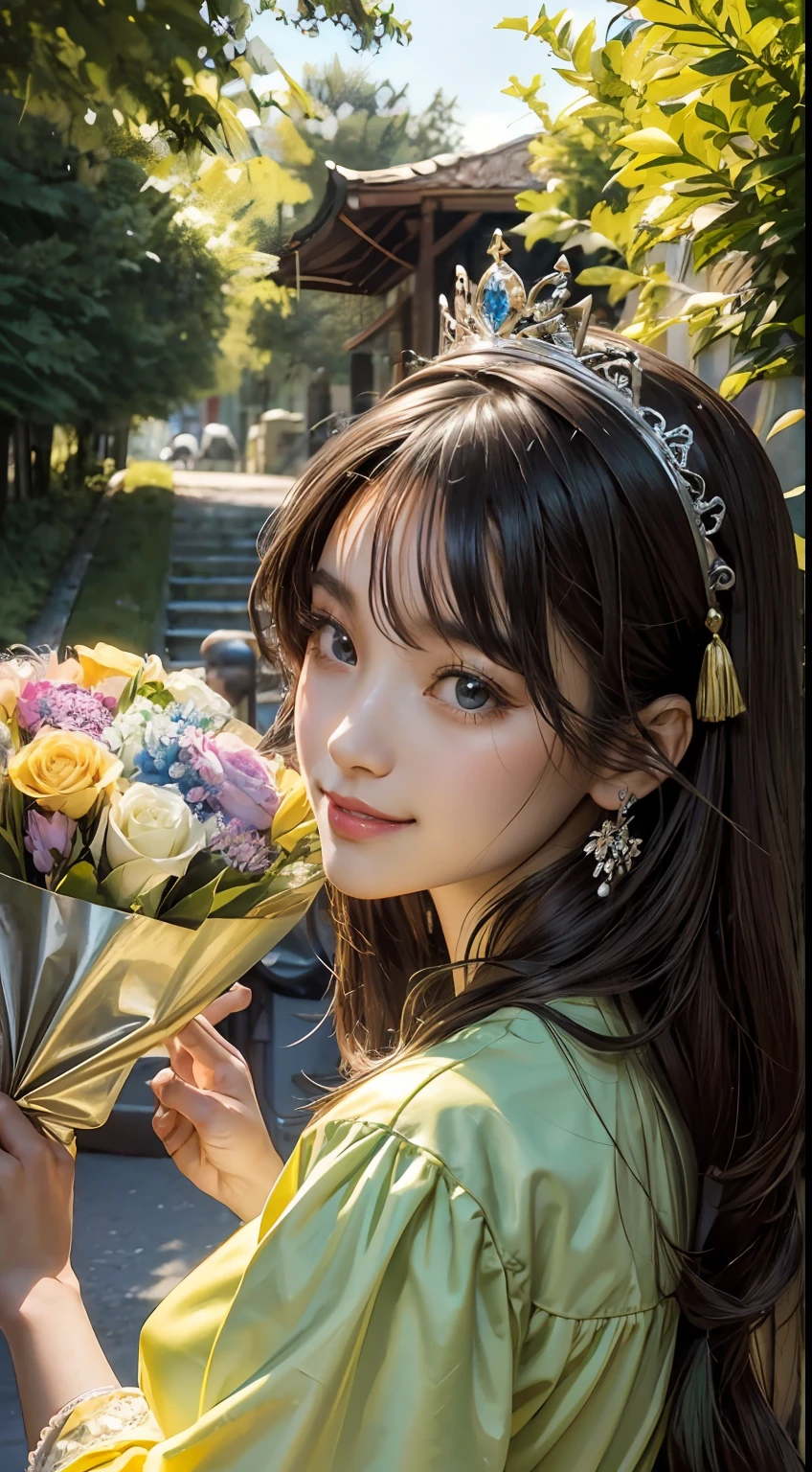 Beautiful long hair cute Chinese modern girl,Twenty-two years old,(face round:1.3),A shallow shy smile,(large black eyes),(Very detailed and perfect facial depiction),(Long dark brown hair:1.1),(Half-body appearance), (Big birthday cake in front of you:1.2), A shiny crown is worn on his head,Light silk fabric in light grass green, facing to audience,(From the bottom view side), Birthday is being celebrated, Happy look,(A variety of flowers:1.2),(surrounded by flower:1.2), happy birthay, Beautiful girl,(light and shadow effect),(vivd colour),(Color splattering),(Obvious layers),(Ink painting style),(Photography Award),(8k wallpaper),(Masterpiece),(best qualtiy),A picture,realisticlying