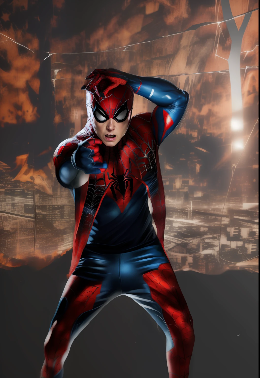 Change background, spider man costume,same face, realistic face, 8k photo