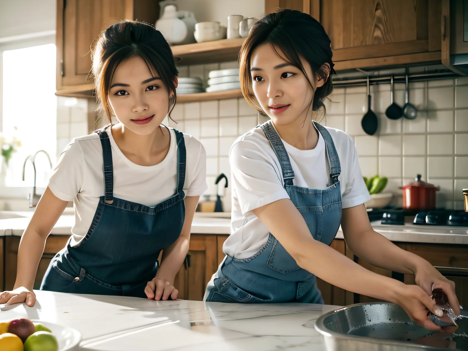 2 women，at the kitchen，Wear a T-shirt、Jeans and aprons，Focus on washing dishes，The face is the focal point。