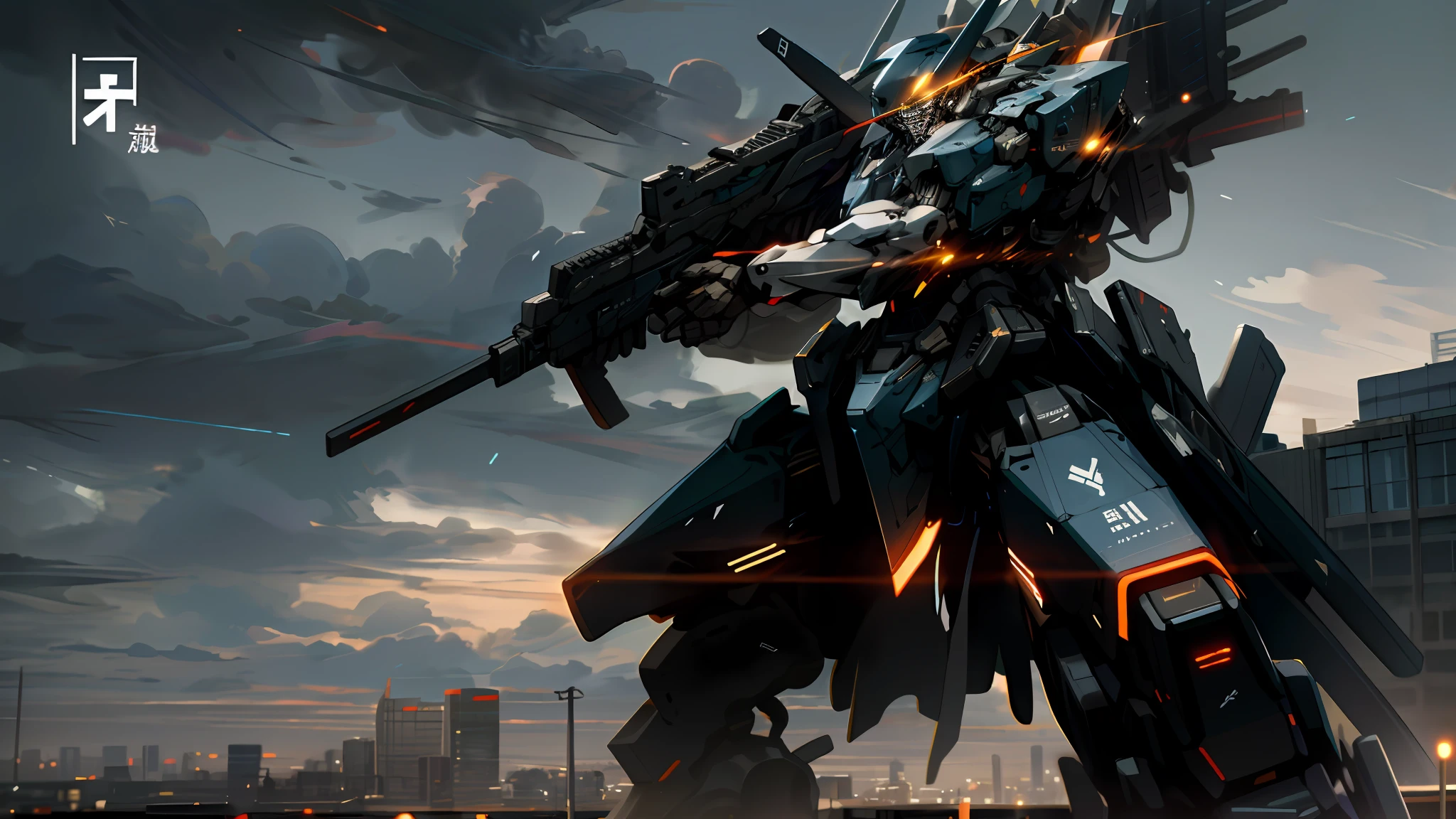 sky, cloud, holding_weapon, no_humans, glowing, , robot, building, glowing_eyes, mecha, science_fiction, city, realistic,mecha