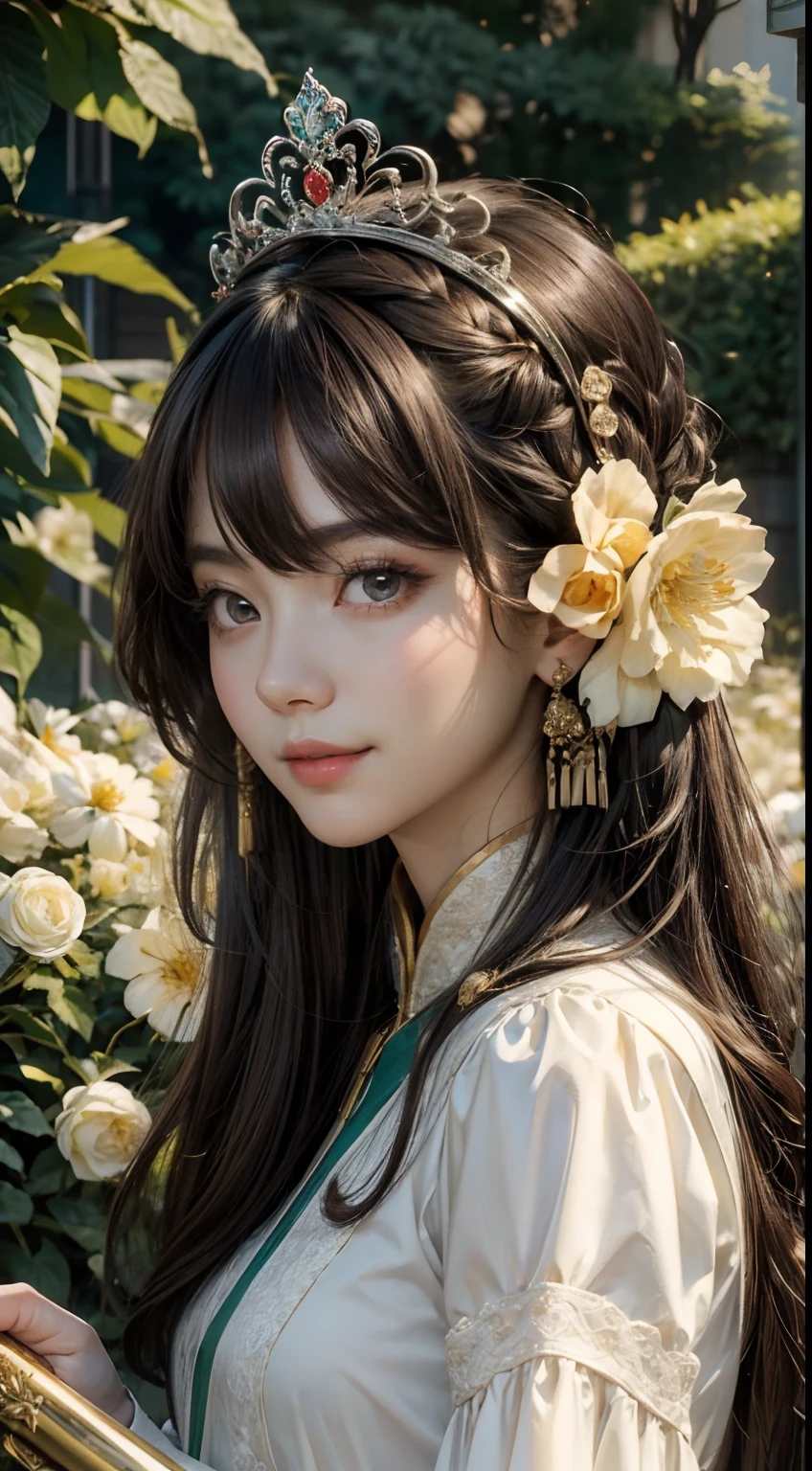 Beautiful long hair cute Chinese modern girl,Twenty-two years old,(face round:1.3),A shallow shy smile,(large black eyes),(Very detailed and perfect facial depiction),(Long dark brown hair:1.1),(Half-body appearance), (Big birthday cake in front of you:1.2), A shiny crown is worn on his head,Light silk fabric in light grass green, facing to audience,(From the bottom view side), Birthday is being celebrated, Happy look,(A variety of flowers:1.2),(surrounded by flower:1.2), happy birthay, Beautiful girl,(light and shadow effect),(vivd colour),(Color splattering),(Obvious layers),(Ink painting style),(Photography Award),(8k wallpaper),(Masterpiece),(best qualtiy),A picture,realisticlying